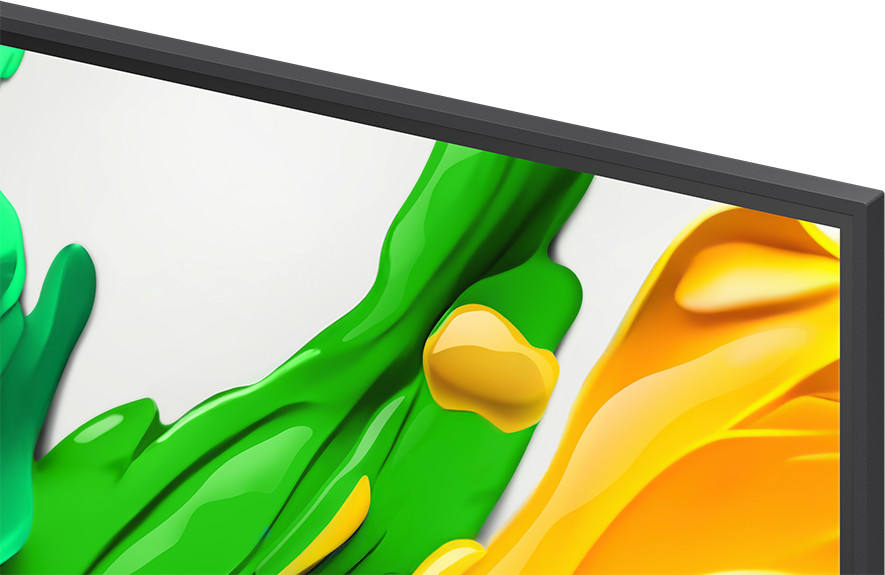 TV képernyő sarok, zöld és sárga festékvonásokkal, fehér háttéren.