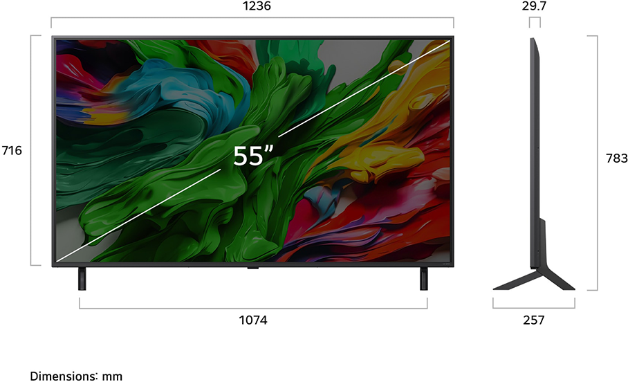 Egy 55 colos TV diagramja, méretekkel mm-ben. A TV fekete.
