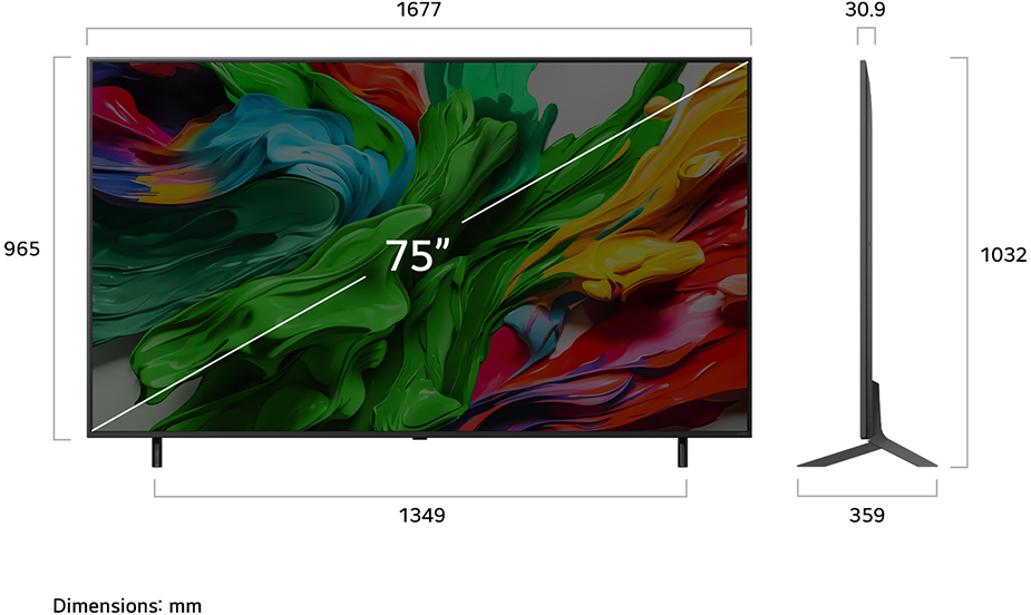 75"-es TV méretekkel, színes absztrakt művészetet mutat, oldalsó nézet.