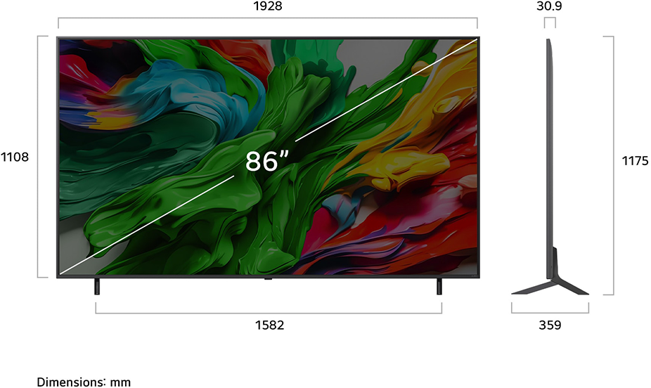 TV színes művészettel, méretek mm-ben.