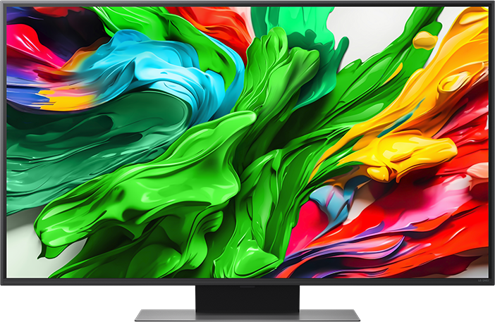 TV képernyő színes absztrakt művészettel, karcsú fekete kerettel.