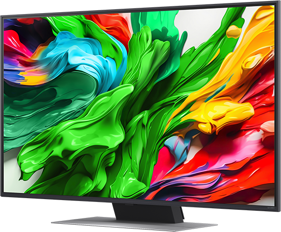 TV képernyő színes absztrakt művészettel, élénk és dinamikus, fekete keret.