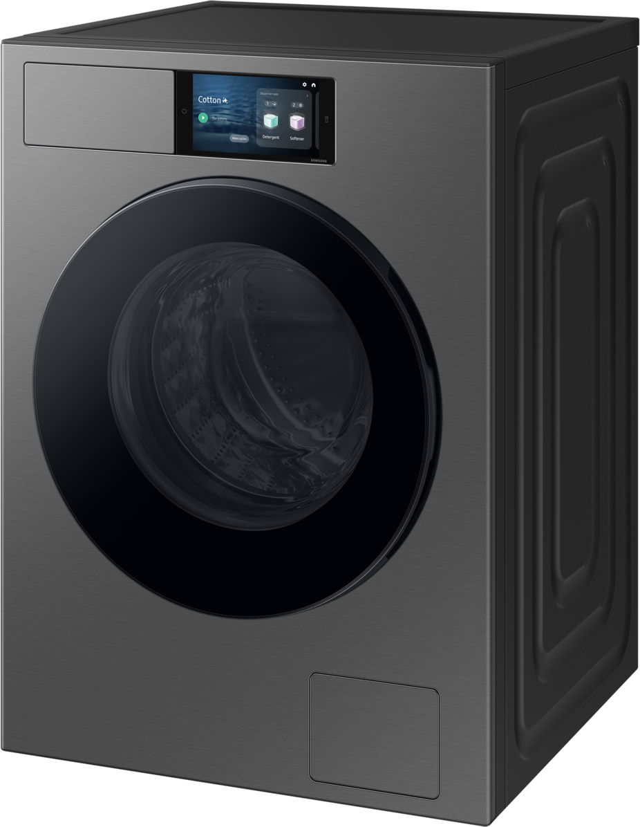 Dunkelgraue Waschmaschine mit schwarzer Tür und digitaler Anzeige.
