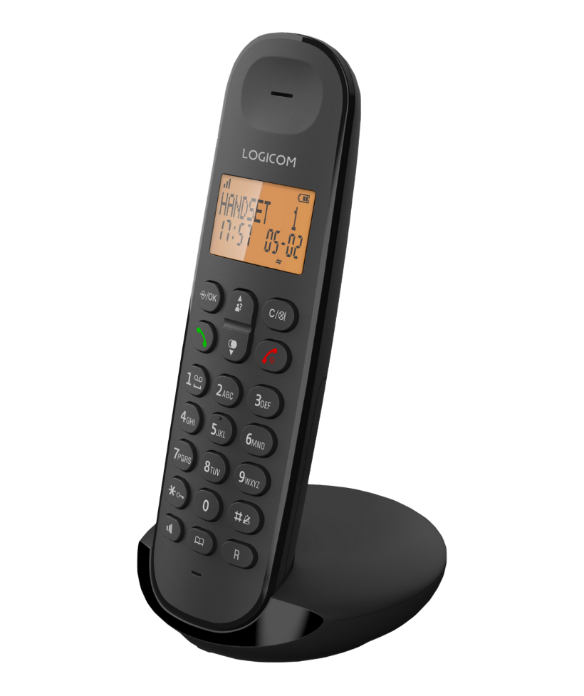 Un téléphone sans fil LogiCom noir avec écran.