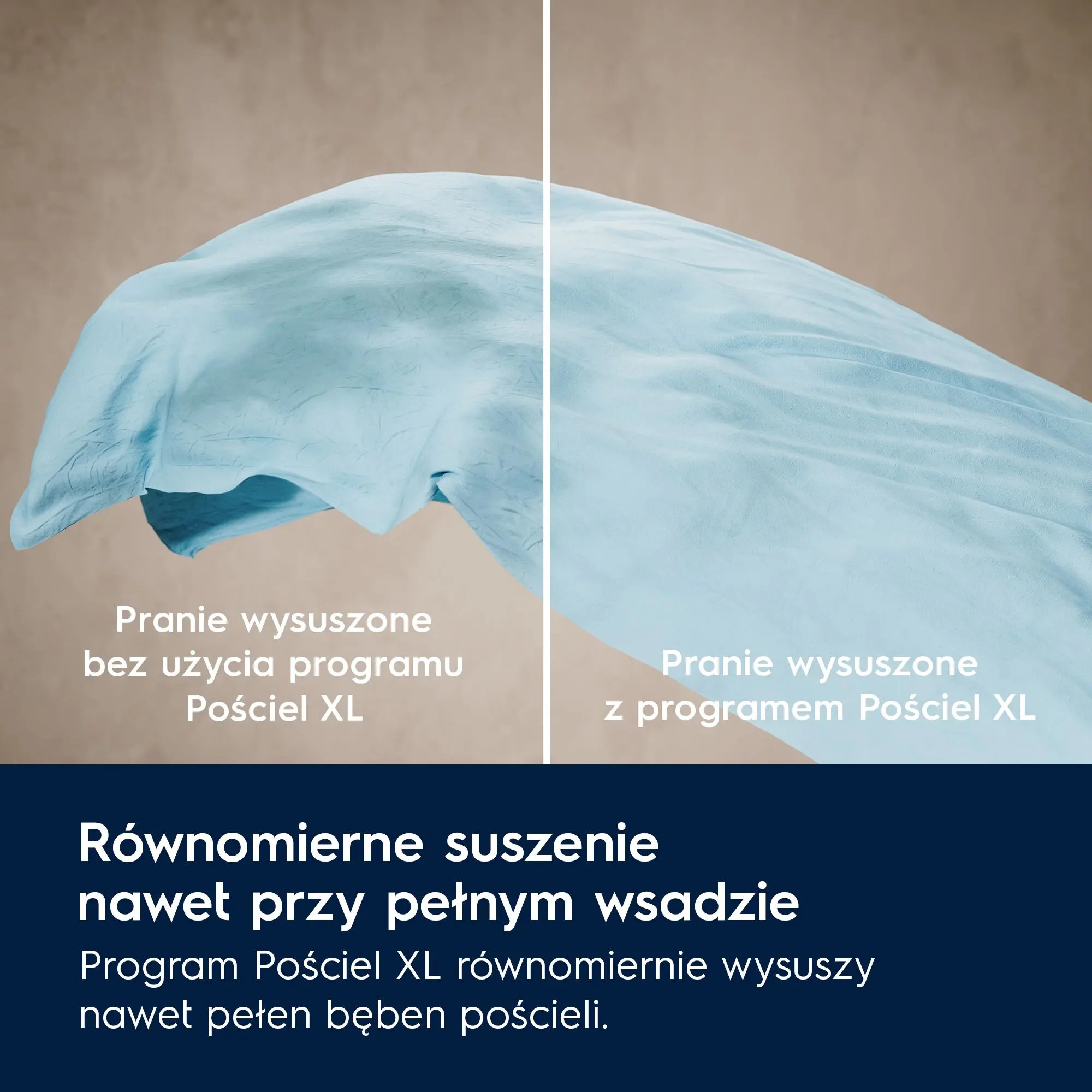 Wypłukana i wysuszona niebieska tkanina; tekst: Równomierne suszenie, nawet przy pełnym załadunku.