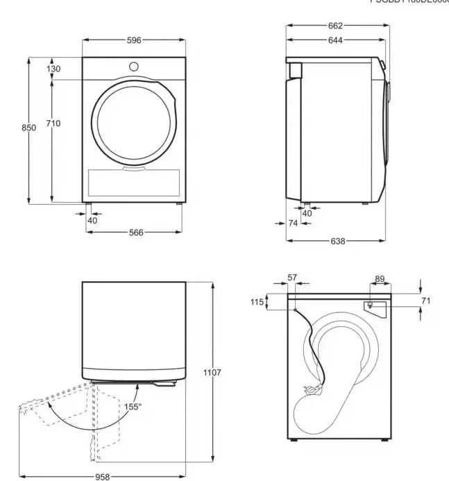 Rysunki techniczne pralki, pokazujące wymiary i różne widoki. Wymiary w mm.