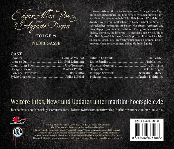 Rückseite einer CD-Hülle mit Text über ein Hörspiel und einem Barcode.