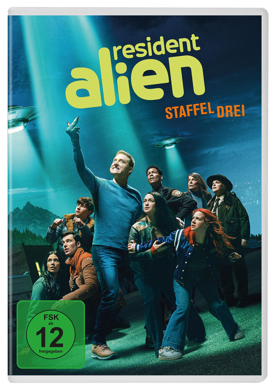 DVD-Cover für Resident Alien. Eine Gruppe von Leuten blickt auf fliegende Untertassen.