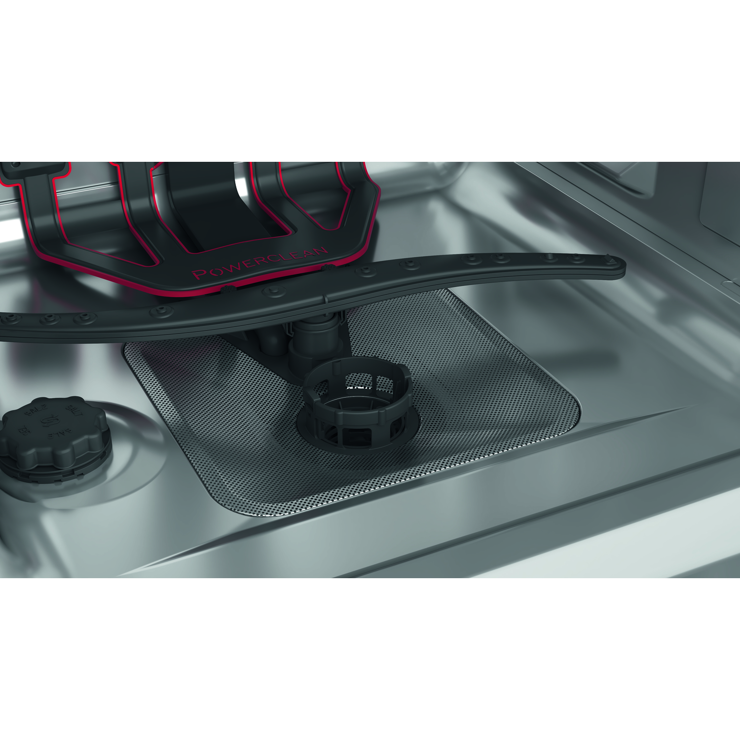 Intérieur de lave-vaisselle avec étiquette PowerClean, métal argenté et composants noirs.