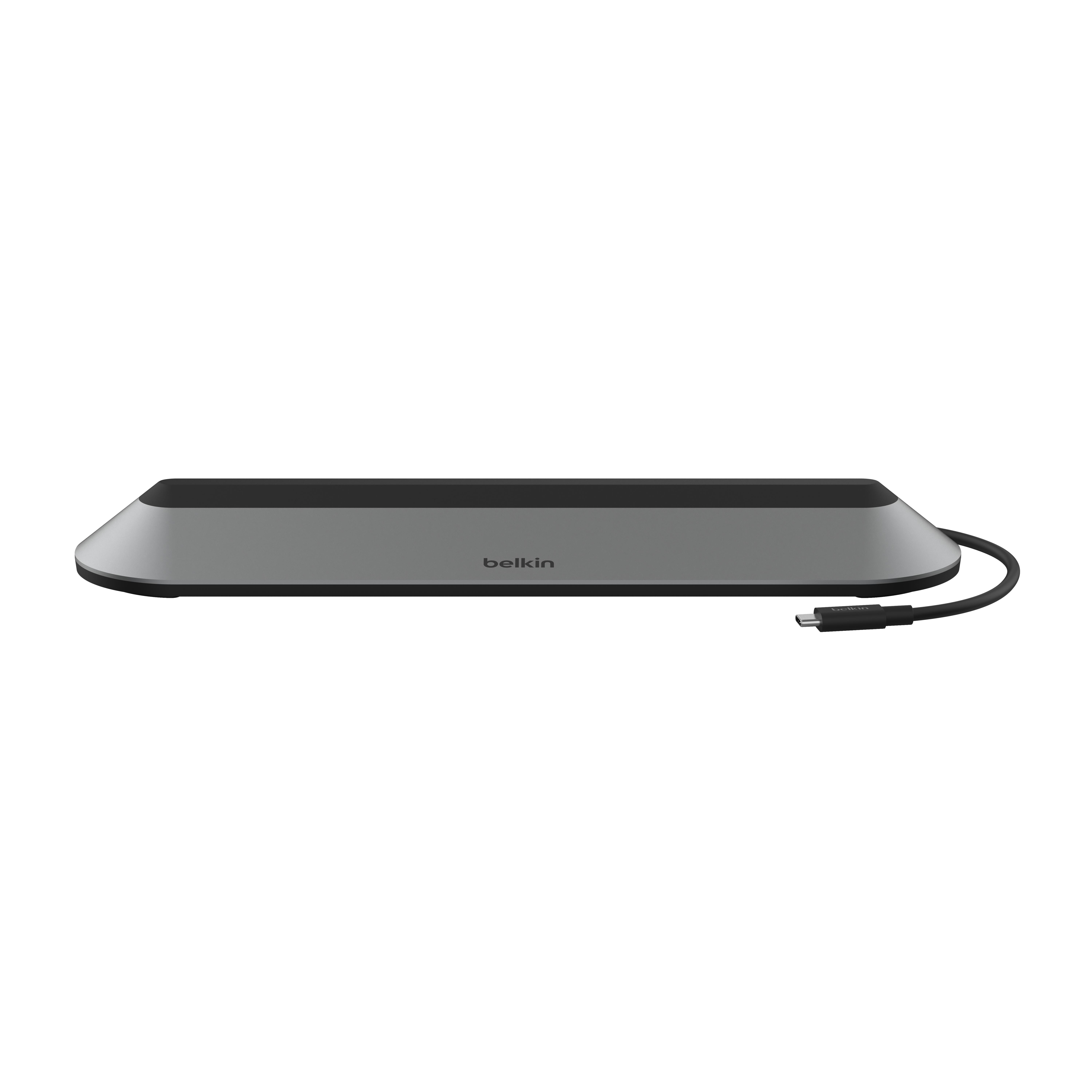Silberner und schwarzer Belkin USB-C-Hub. Der Hub befindet sich auf weißem Hintergrund.