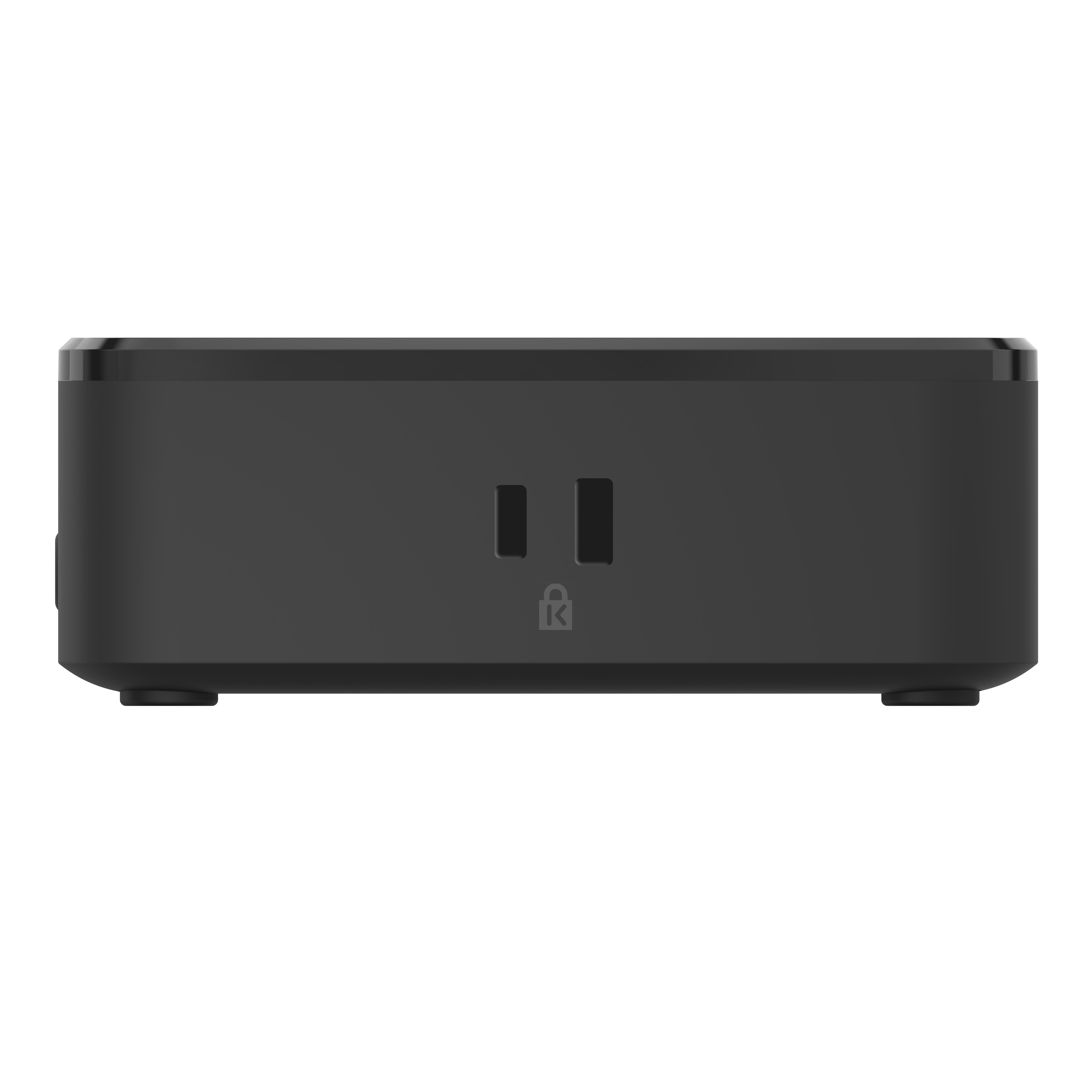 Ein schwarzer Smart-Stecker mit zwei Steckdosen und einem Schlosssymbol.