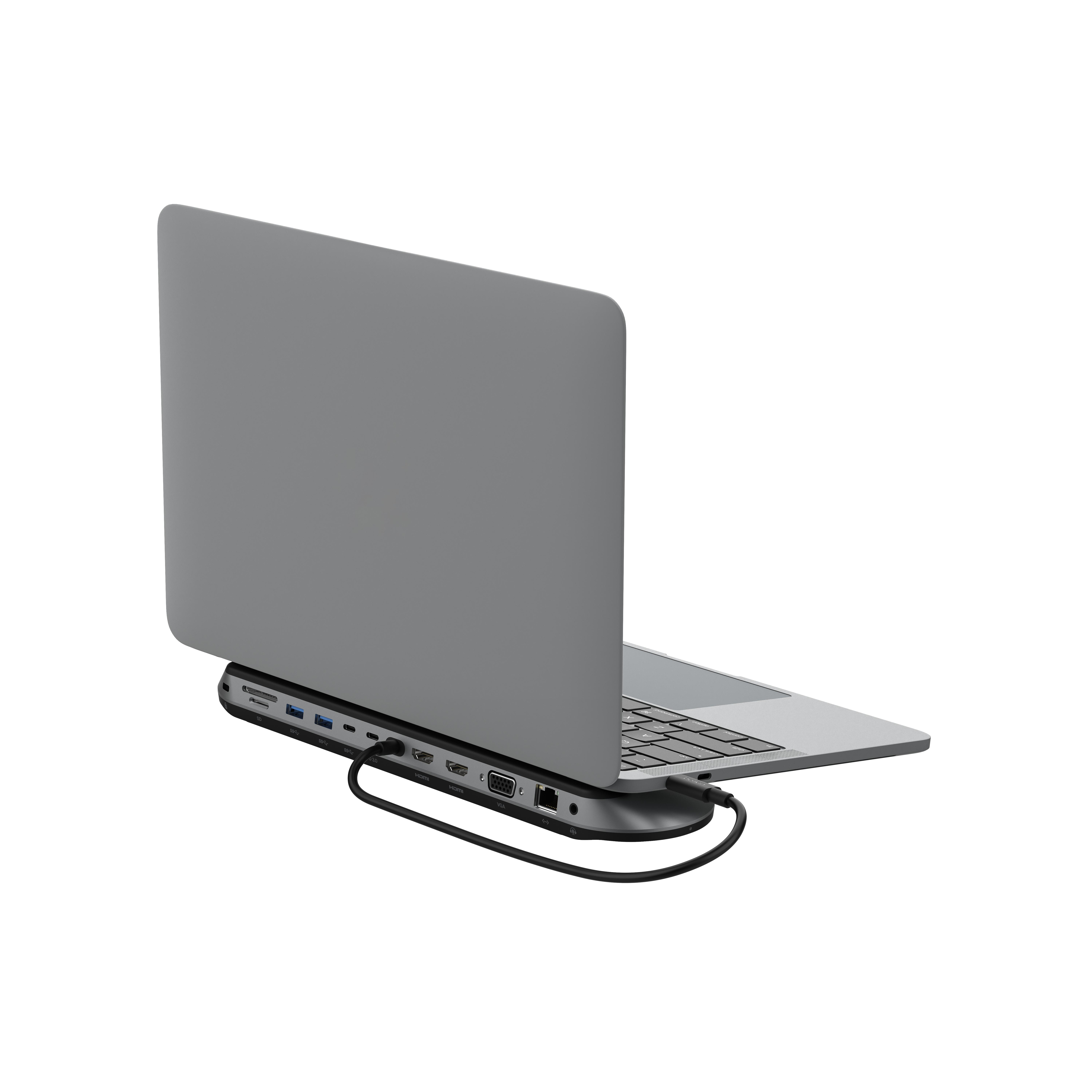 Laptop, der an einen Hub angeschlossen ist, abgewinkelt, mit Anschlüssen und der Rückseite des Laptops.