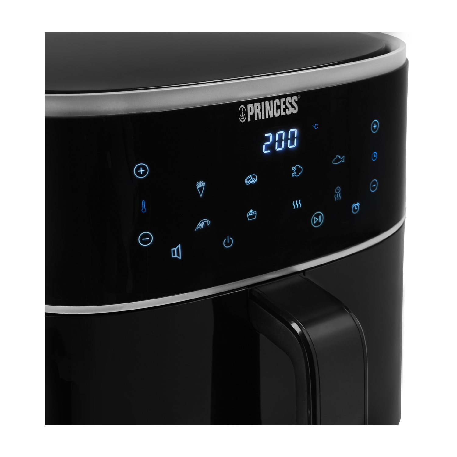 Friggitrice ad aria nera con pannello di controllo che mostra temperatura e icone.