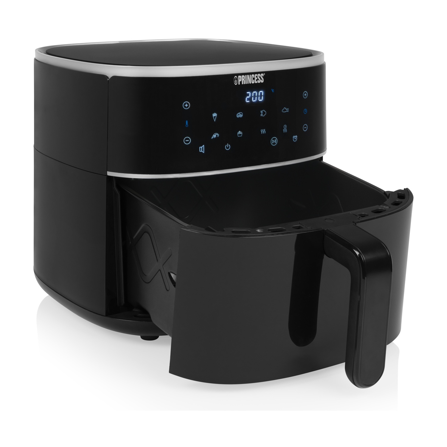Friggitrice ad aria nera con cestello aperto, display che mostra 200 e pulsanti pannello.