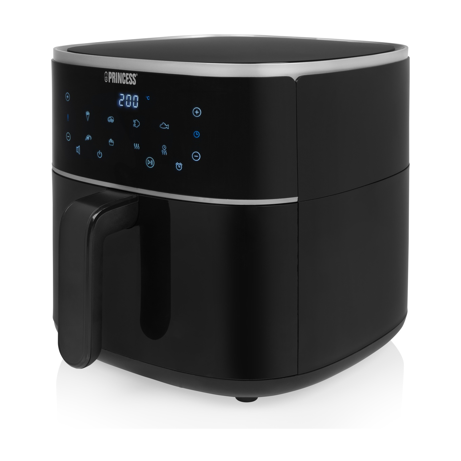Una friggitrice ad aria nera con maniglia e display digitale, con icone blu e bianche.