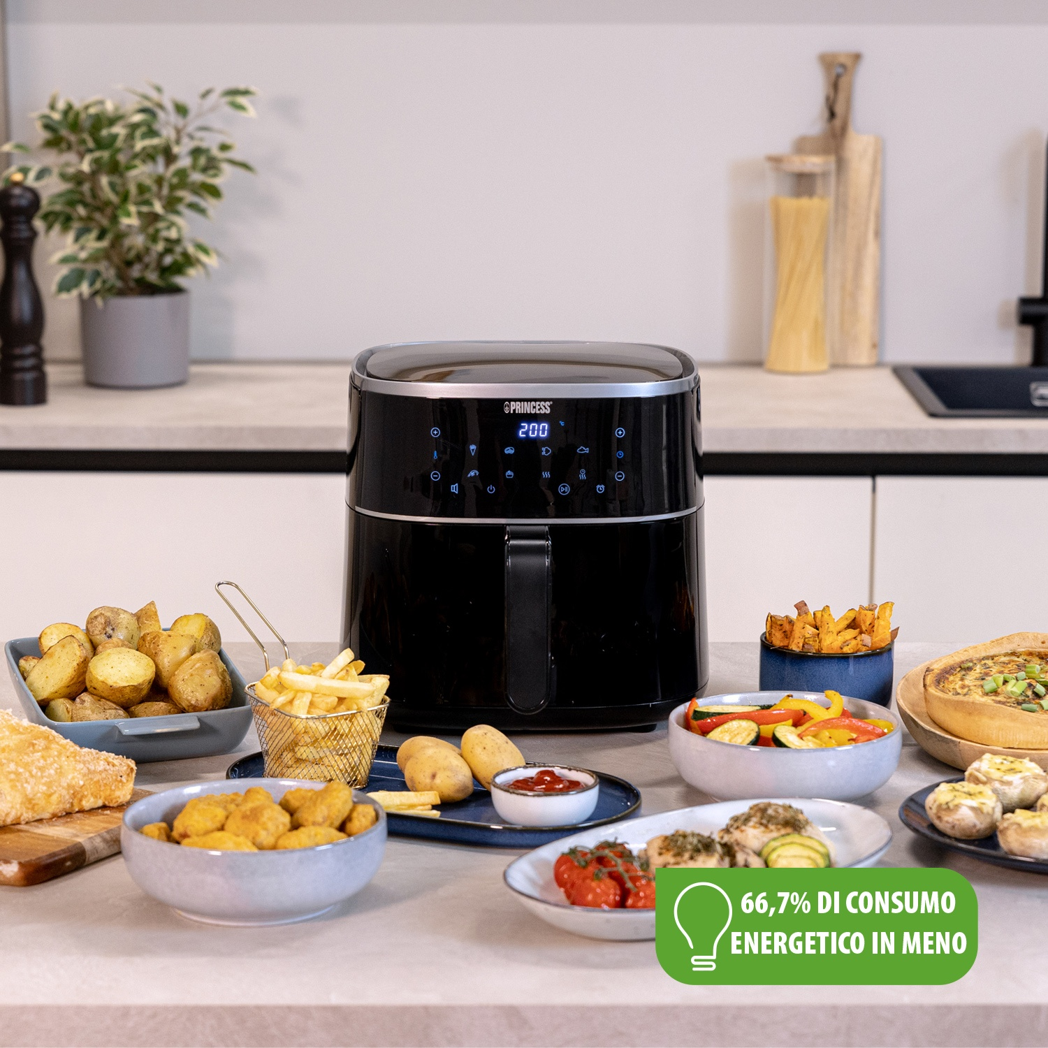 Una friggitrice ad aria con vari cibi cotti intorno. La friggitrice è nera con display digitale.