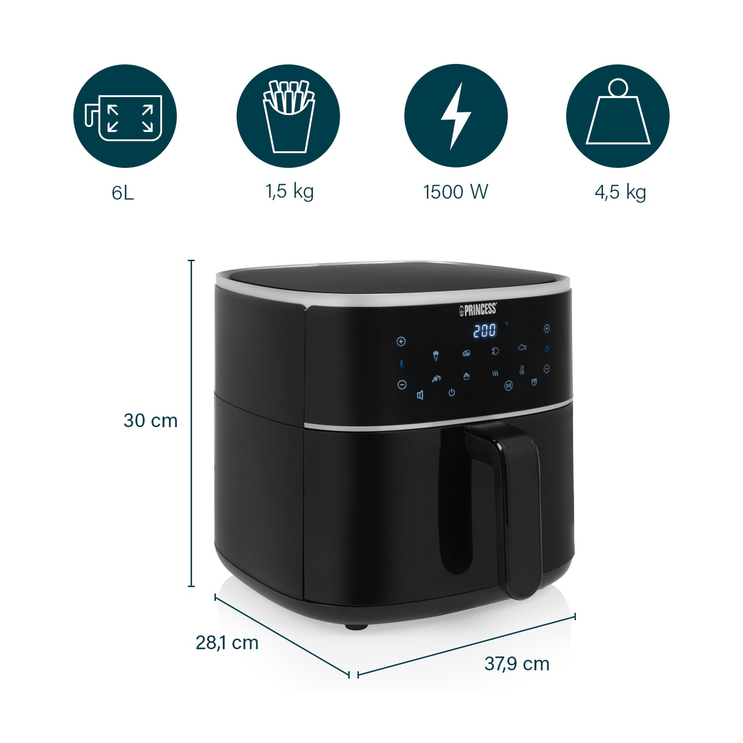 Una friggitrice ad aria nera con dimensioni e dettagli sulla capacità. Testo e icone di patatine fritte, peso e watt.