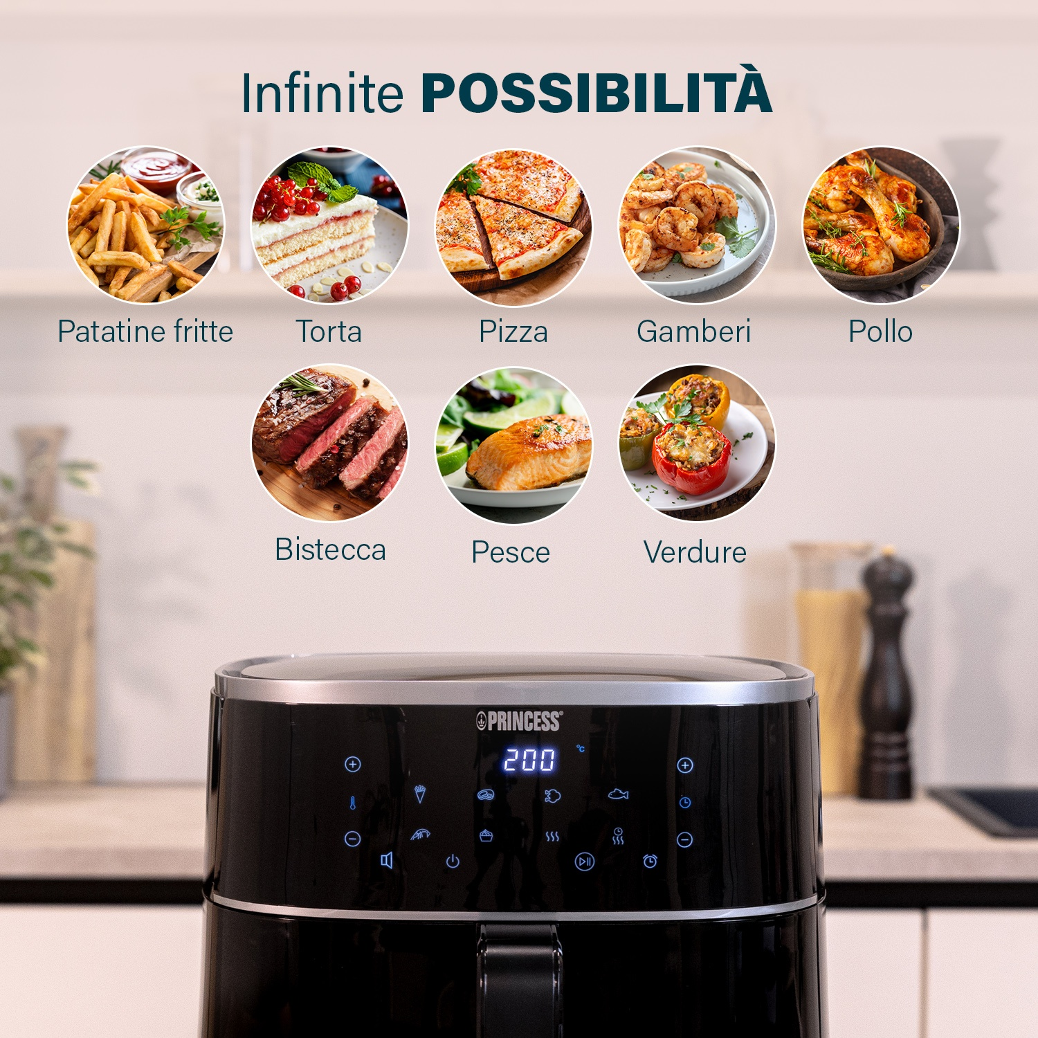 Una friggitrice ad aria nera con immagini di cibo: patatine fritte, torta, pizza, gamberi, pollo, bistecca, pesce, verdure.