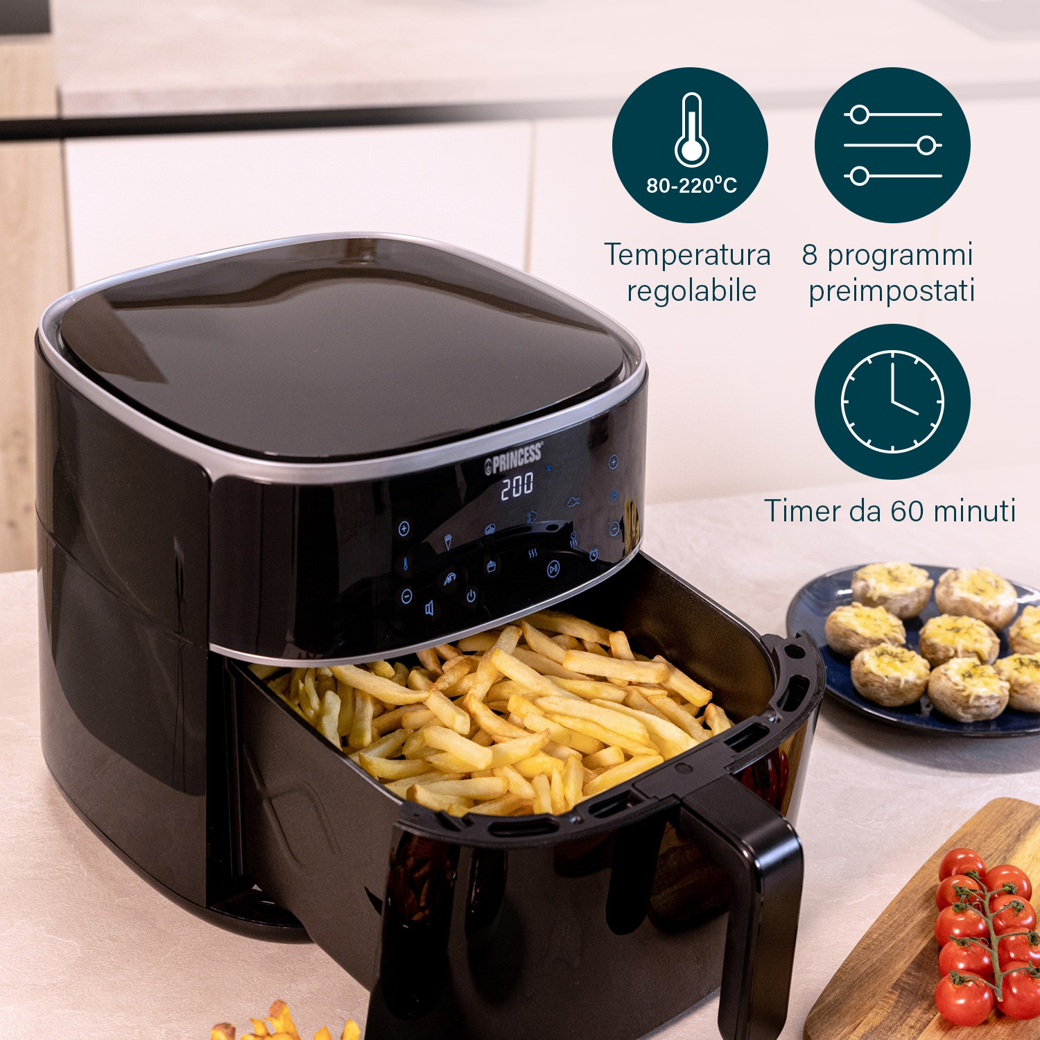 Una friggitrice ad aria nera con patatine fritte. Testo: Temperatura regolabile, 8 programmi, timer 60 minuti.