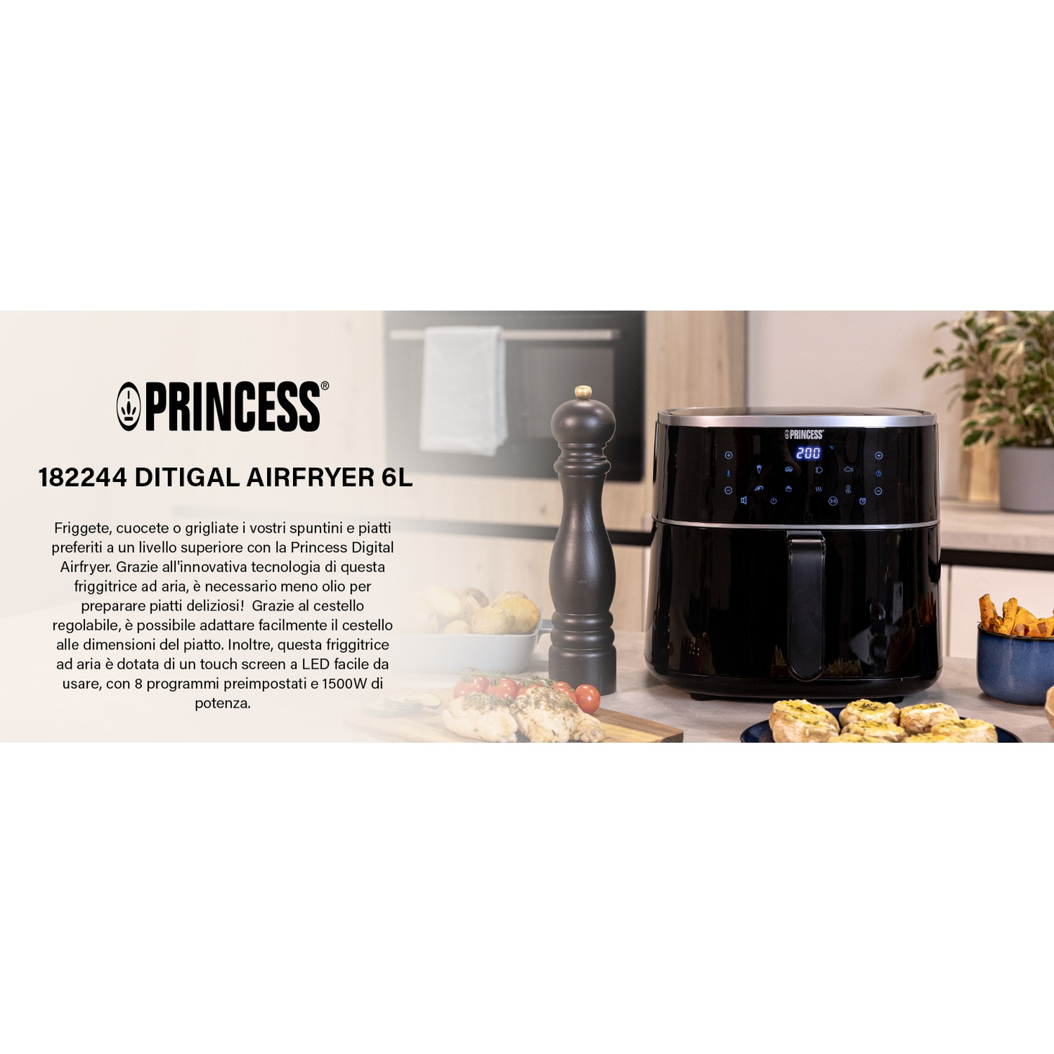 Friggitrice ad aria digitale Princess con testo, cibo e un ambiente cucina sullo sfondo.
