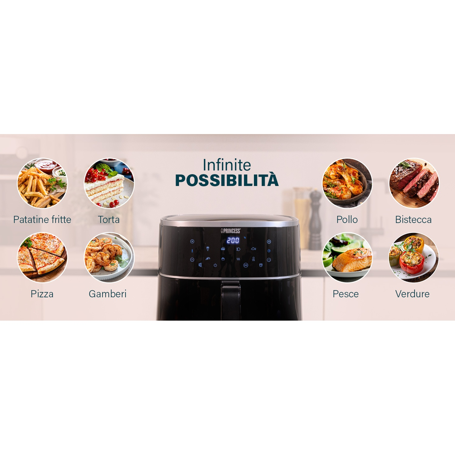 Una friggitrice ad aria con immagini di piatti preparati: patatine fritte, torta, pizza, ecc.