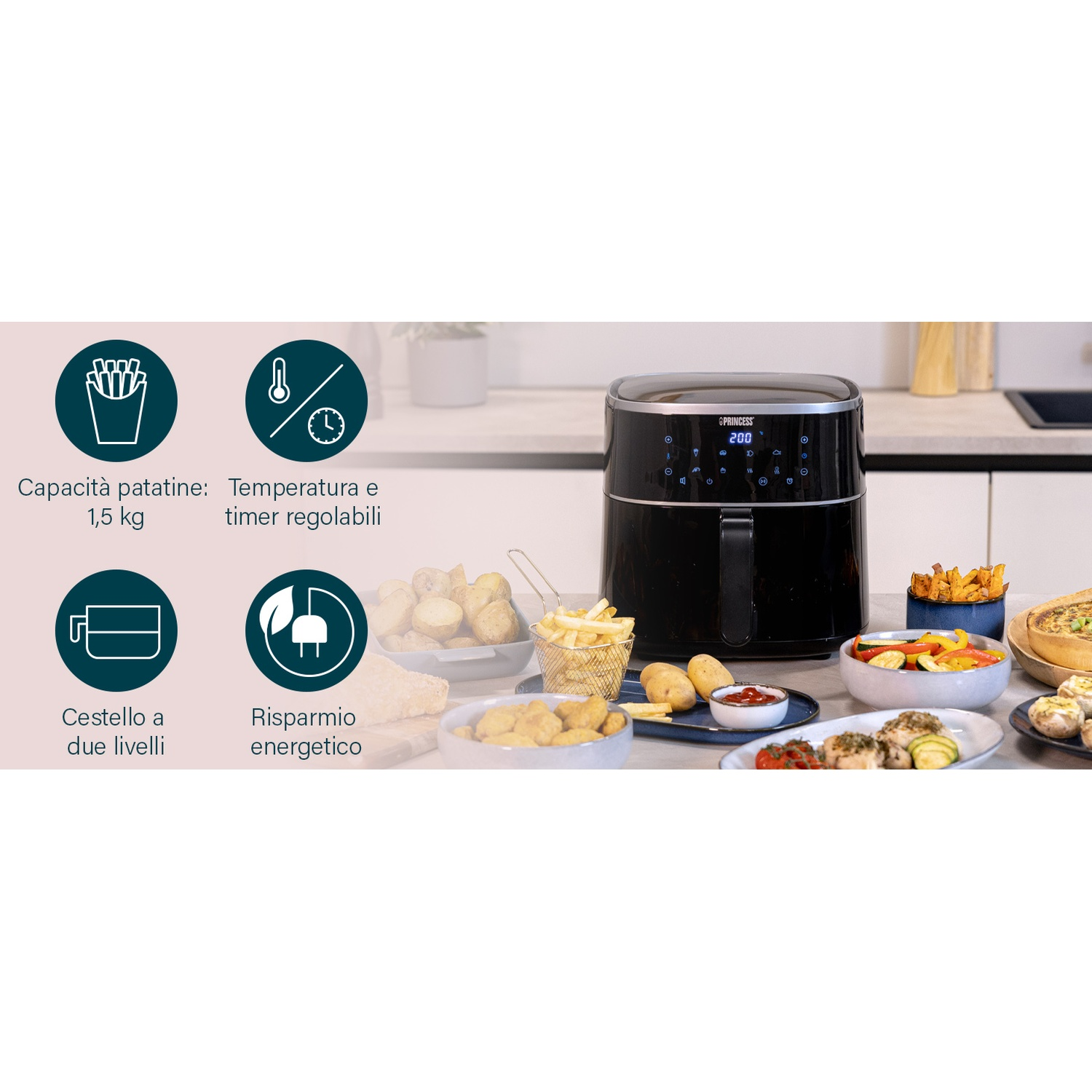 Friggitrice ad aria nera con testo e icone. Include patatine fritte, temperatura, cestello, simboli di risparmio energetico e cibi.