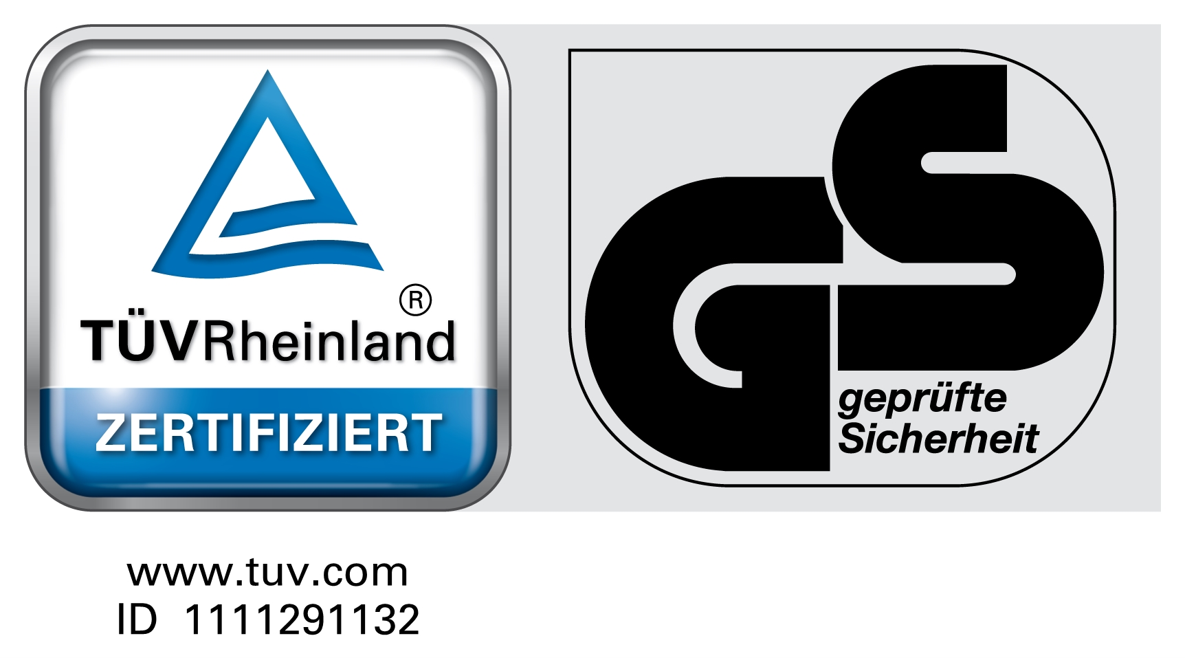 Due loghi: TÜV Rheinland e GS Geprüfte Sicherheit, su sfondo bianco.