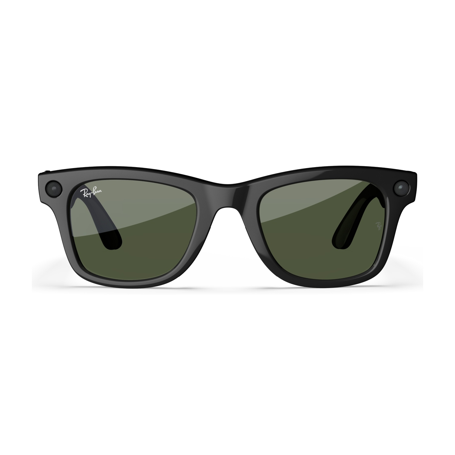 Occhiali da sole Ray-Ban neri con lenti verdi. Hanno un classico stile Wayfarer.