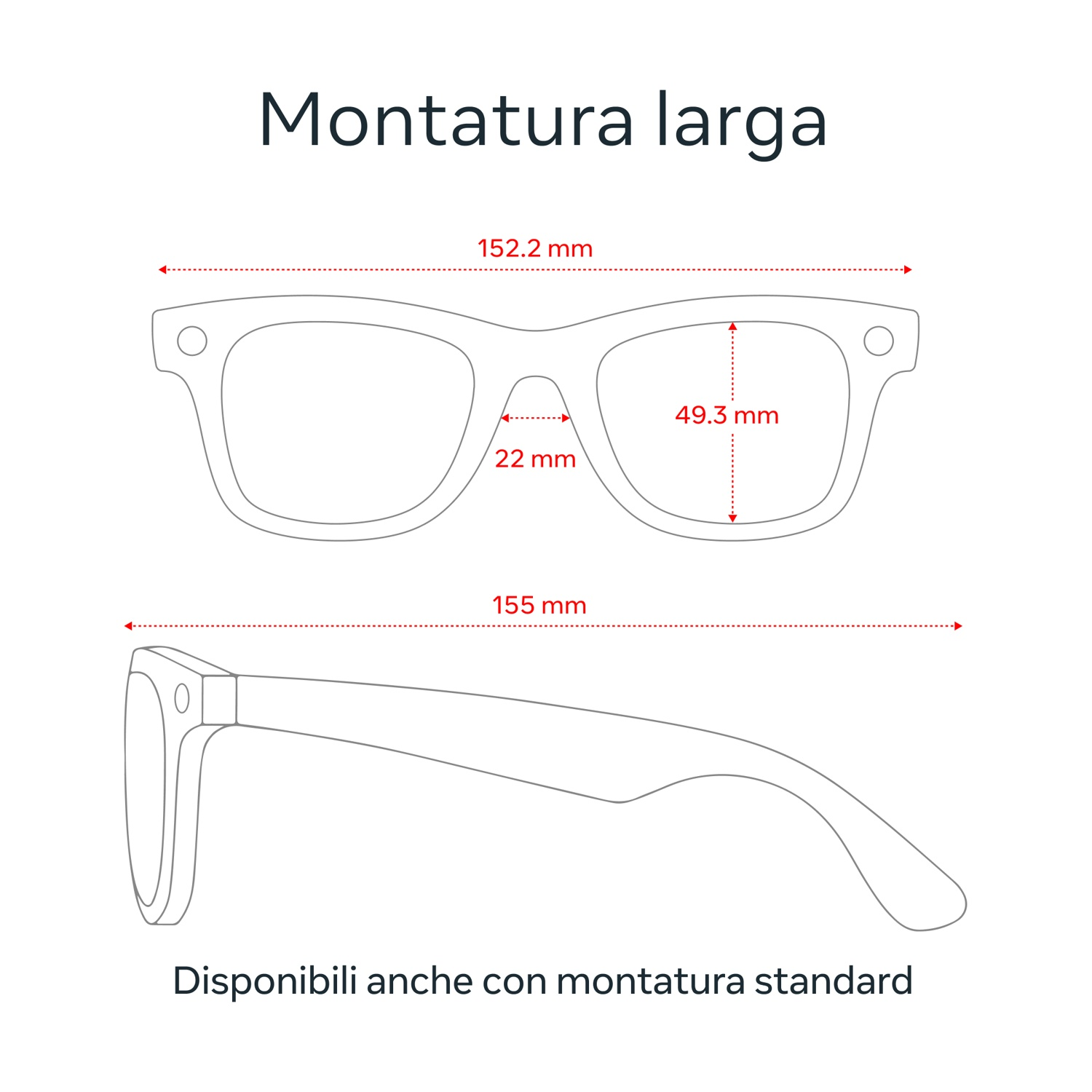 Diagramma di occhiali da sole con dimensioni, con contorno nero su sfondo bianco.