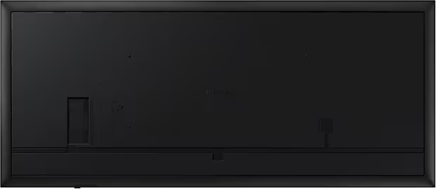 Rückseite eines schwarzen Samsung-Fernsehers mit rechteckigem Rahmen.