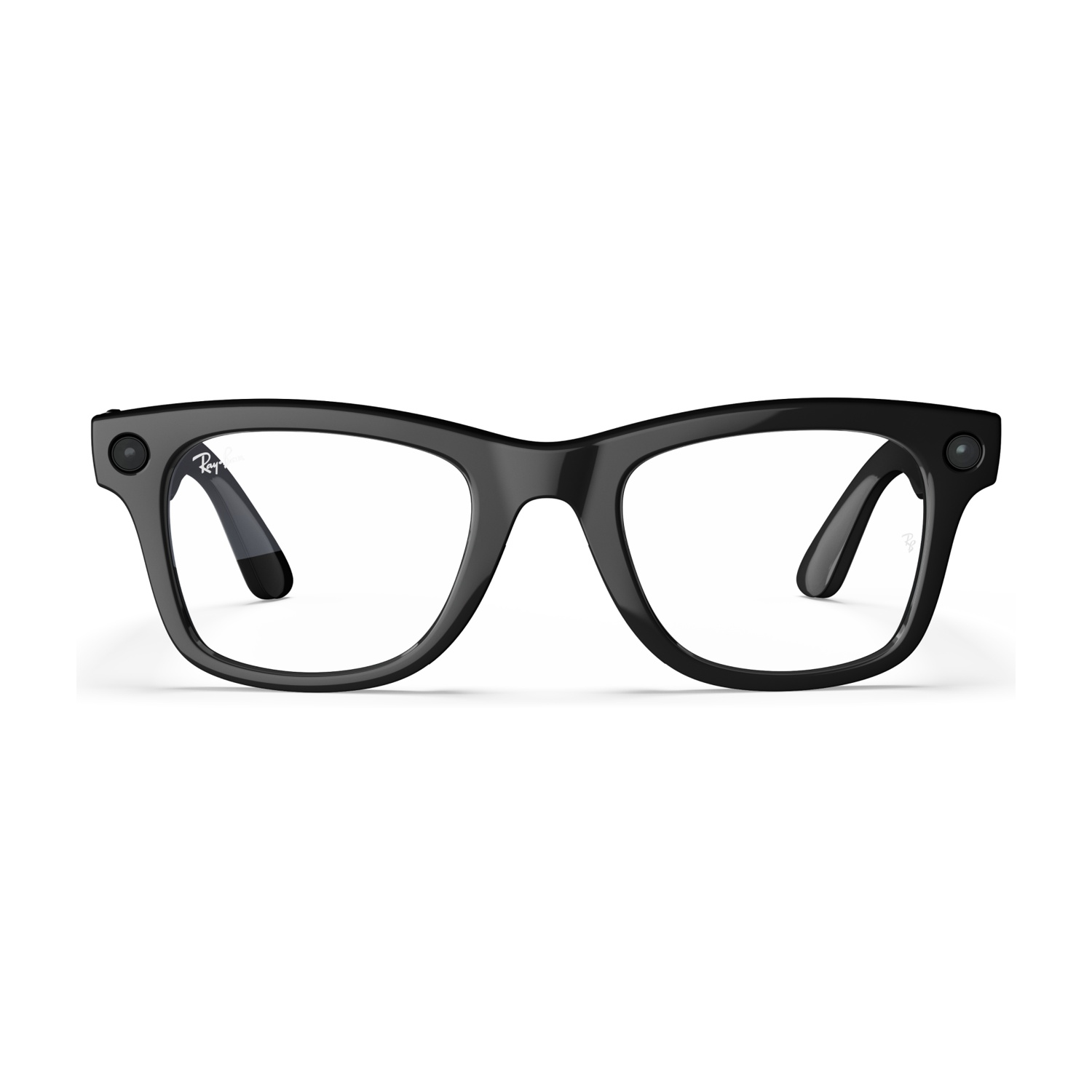 Occhiali intelligenti Ray-Ban neri con lenti trasparenti. Due piccole fotocamere sono visibili.