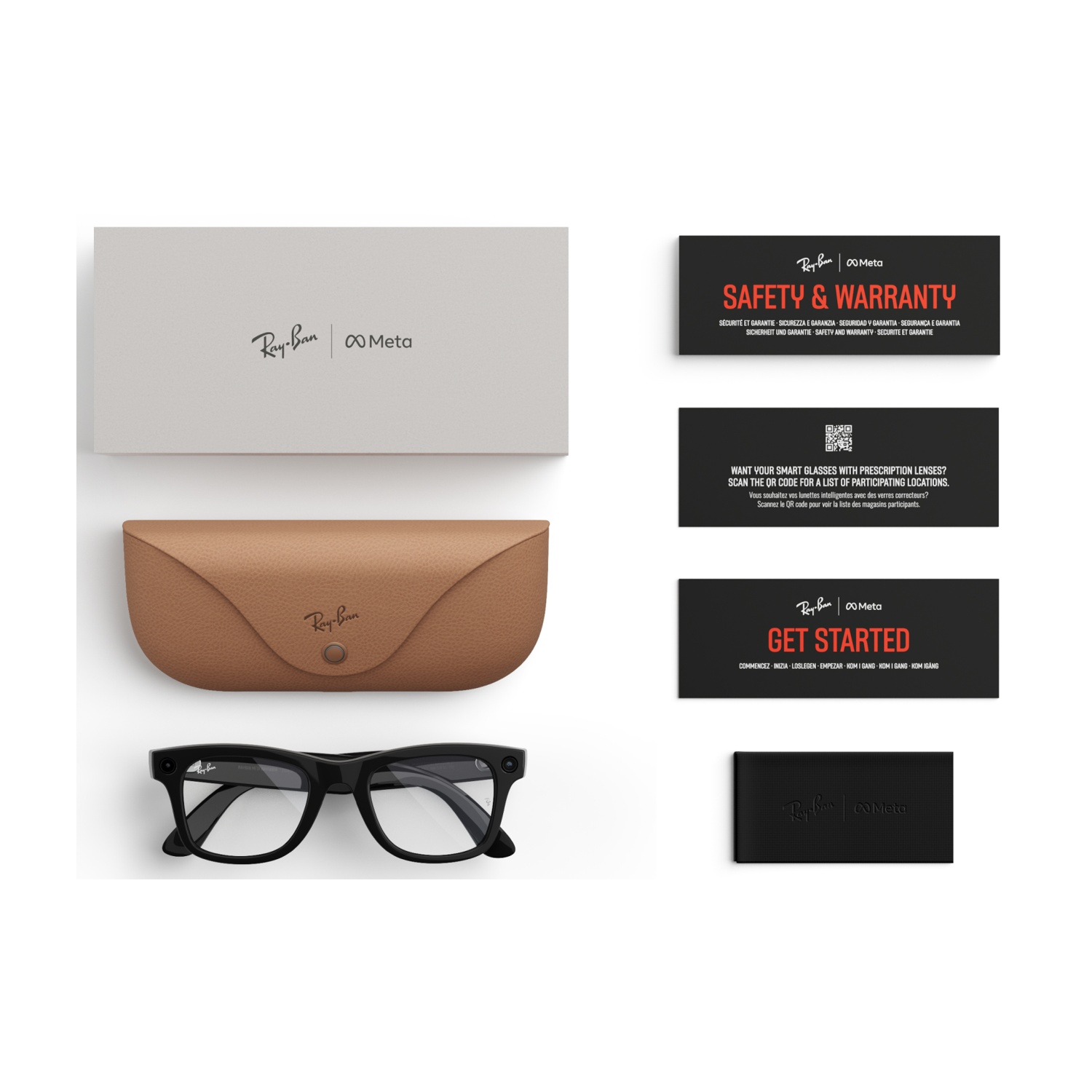 Occhiali Ray-Ban Meta, custodia, scatola e biglietti su sfondo bianco.