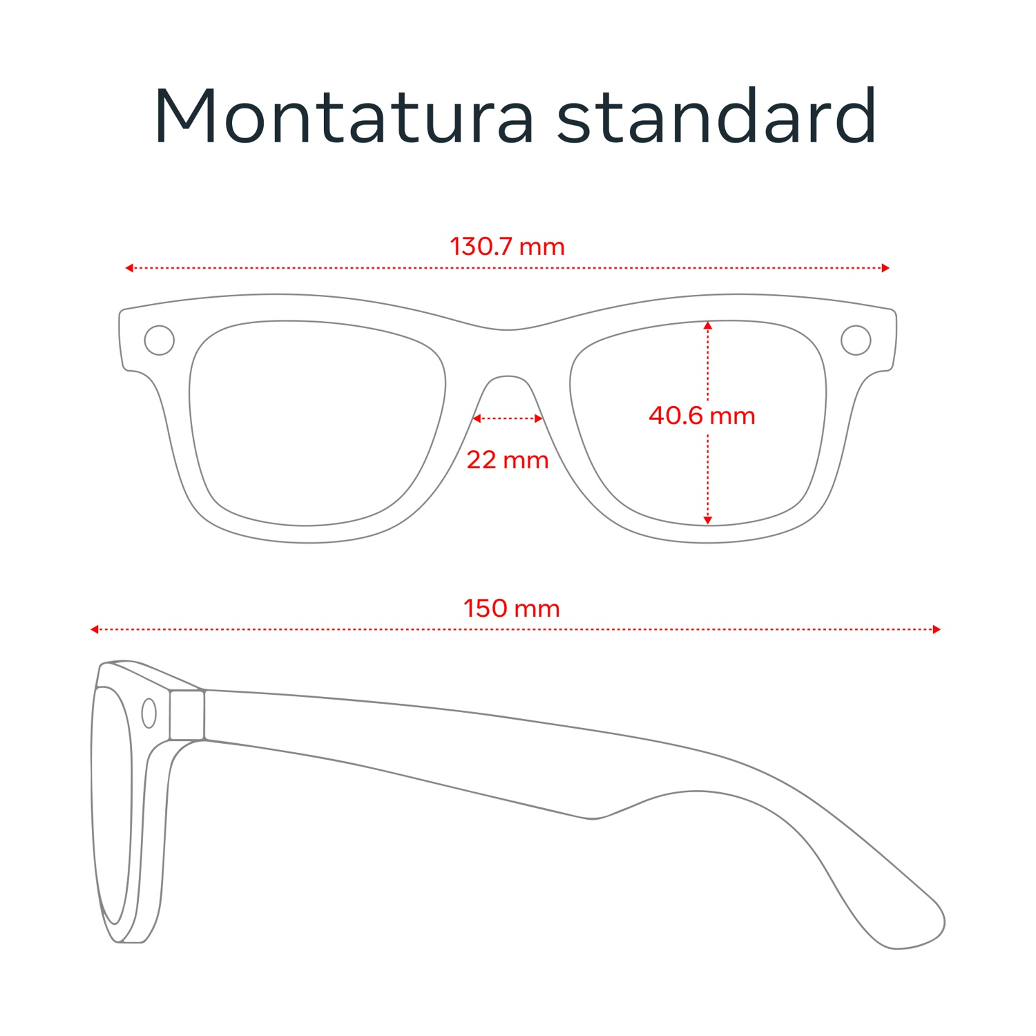 Diagramma di montature di occhiali con misure della montatura e delle lenti.