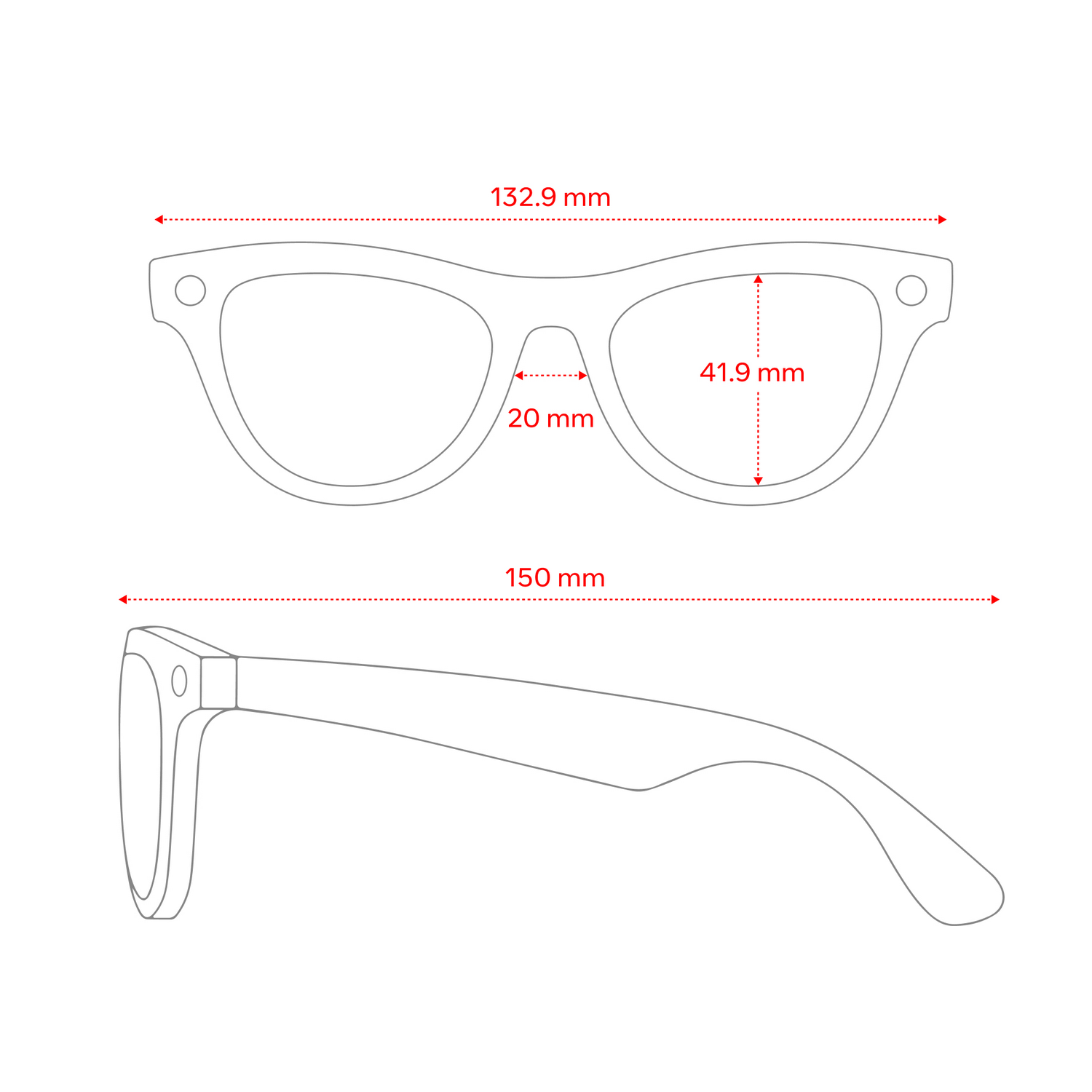 Un dibujo lineal de gafas de sol con medidas.