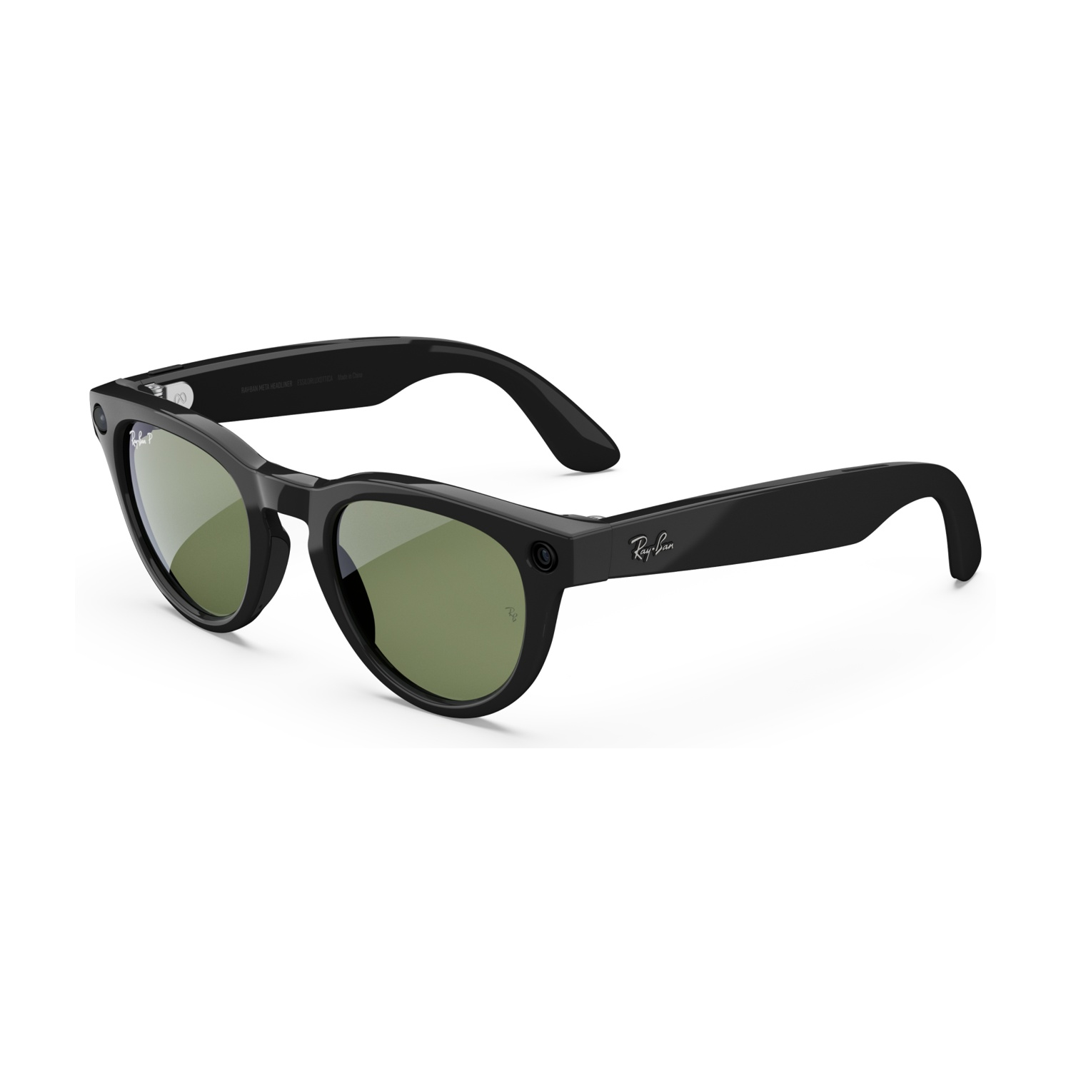 Occhiali da sole Ray-Ban neri. Lenti verdi, montatura nera. Vista laterale, sfondo bianco.