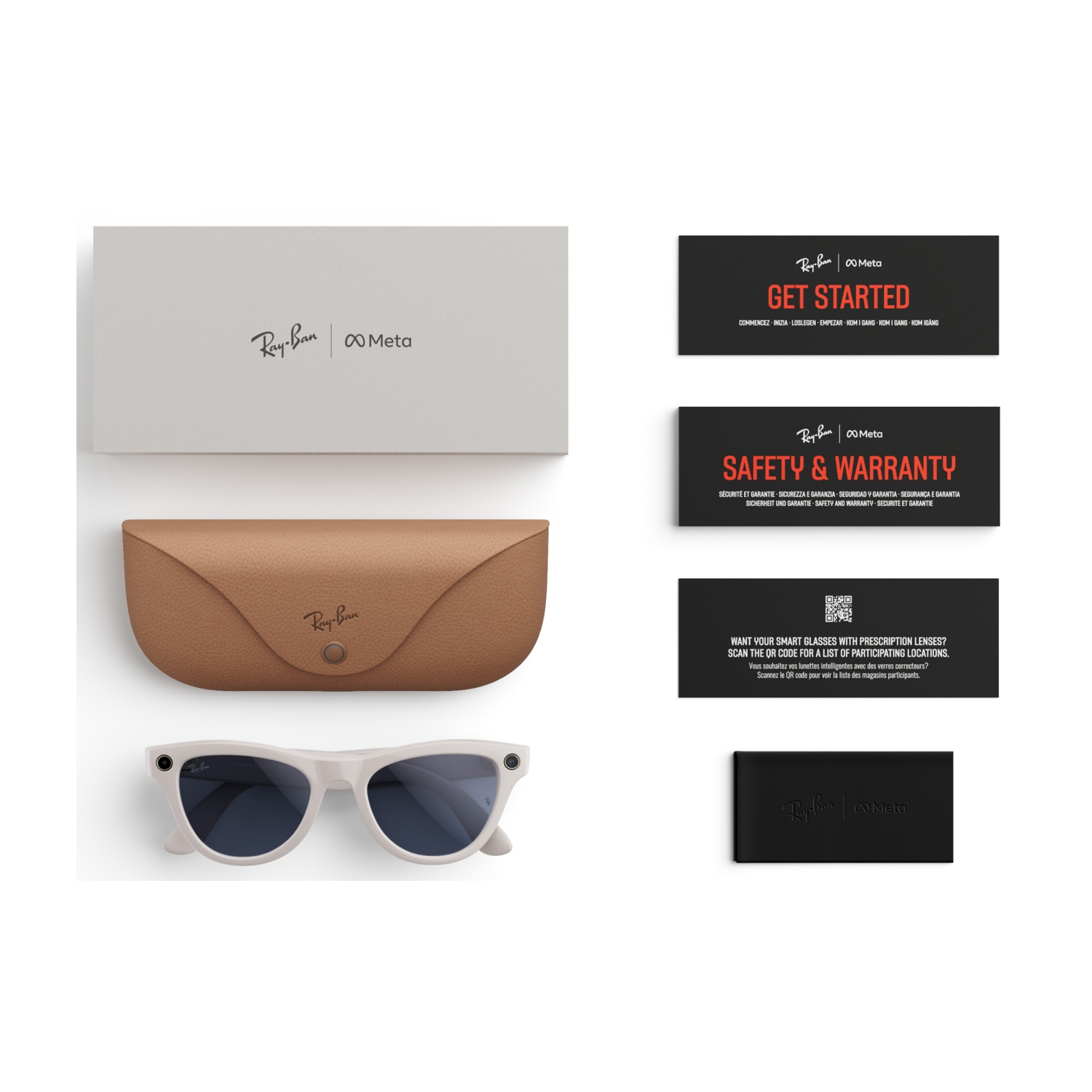 Occhiali Ray-Ban Meta con custodia, scatola e biglietti su una superficie bianca.