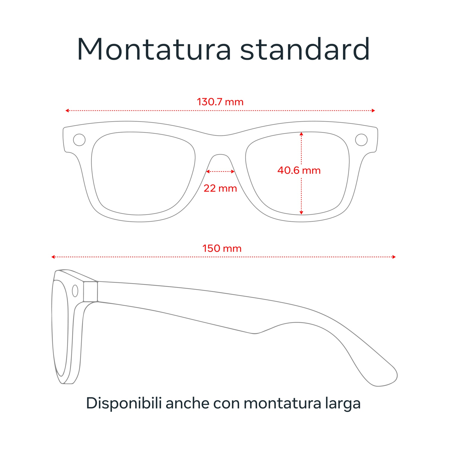 Un disegno di occhiali con dimensioni in mm e testo in italiano.