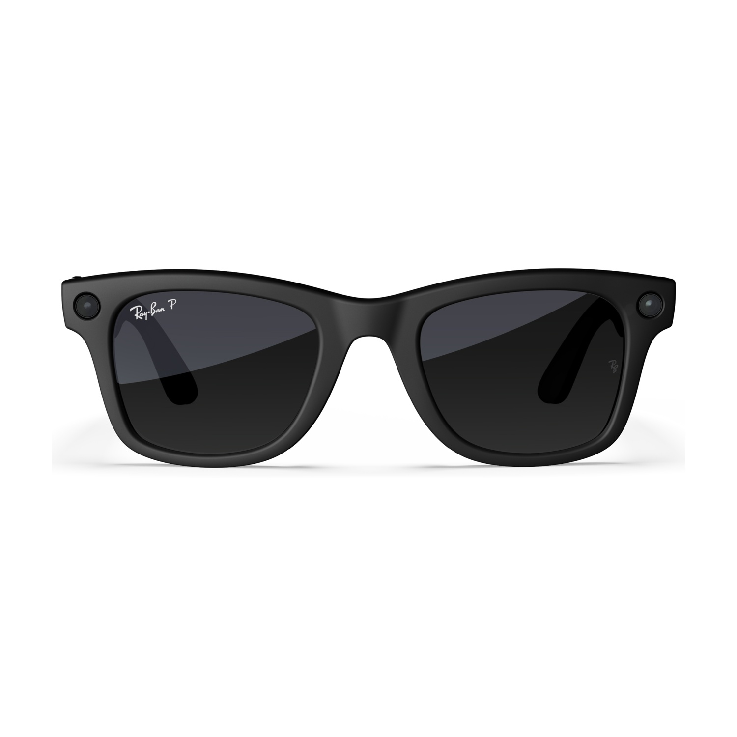 Occhiali da sole Ray-Ban neri con elementi fotocamera e microfono, su sfondo bianco.