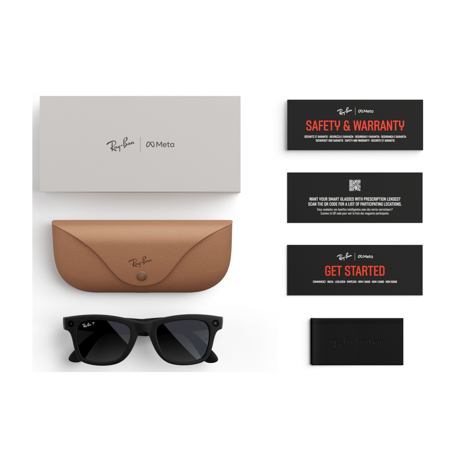 Custodia e accessori per occhiali Ray-Ban e Meta su sfondo bianco.