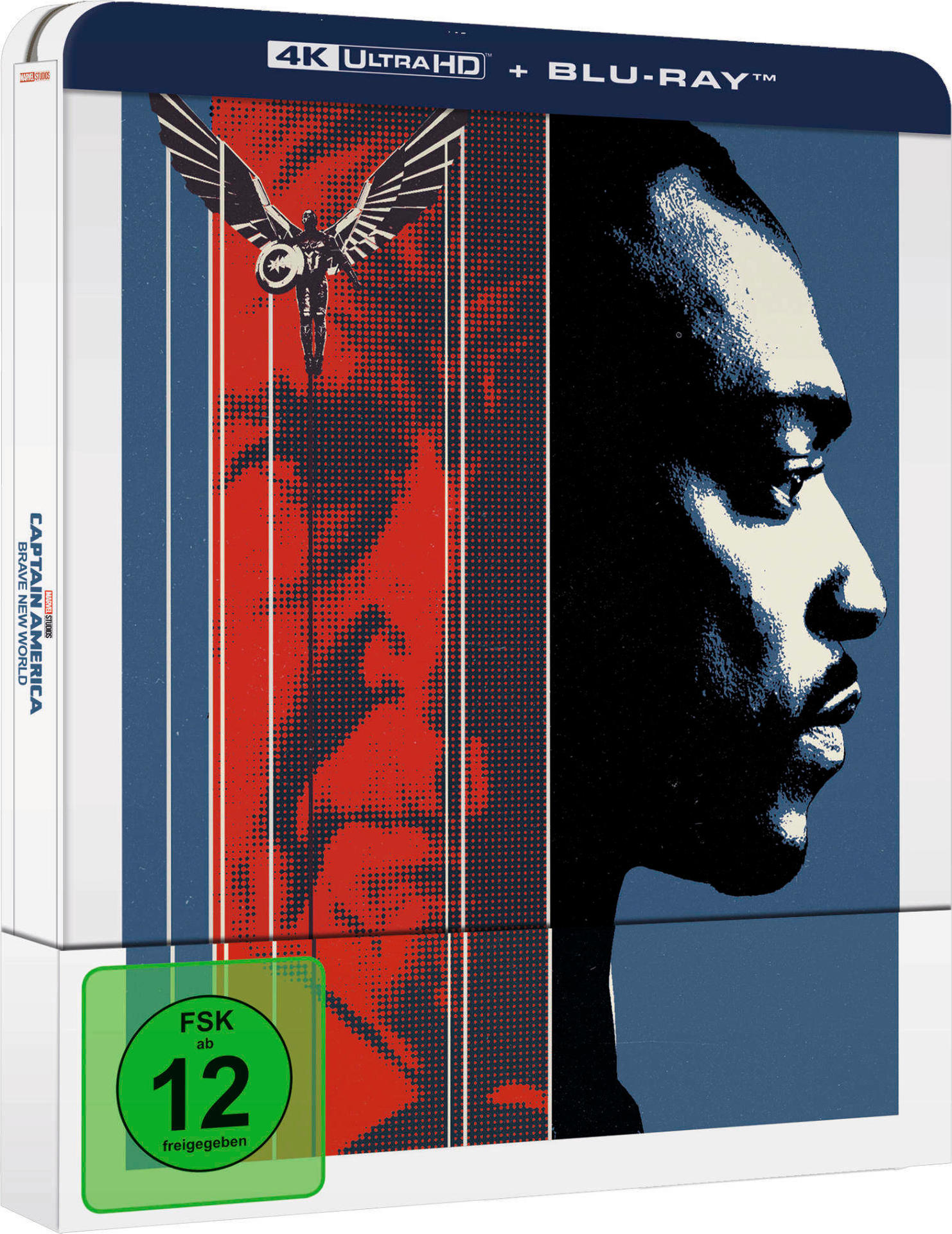 Eine Blu-ray-Filmhülle mit rotem und blauem Design, die das Profil einer Person und den Titel zeigt.