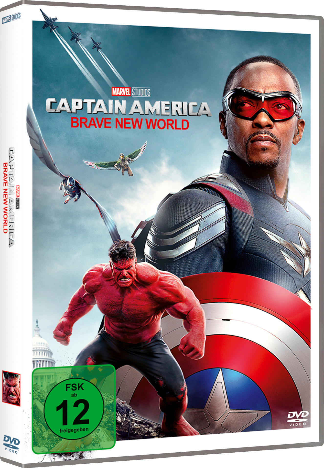 DVD-Cover des Captain America-Films mit Charakteren, Düsenjets und dem Capitol-Gebäude.