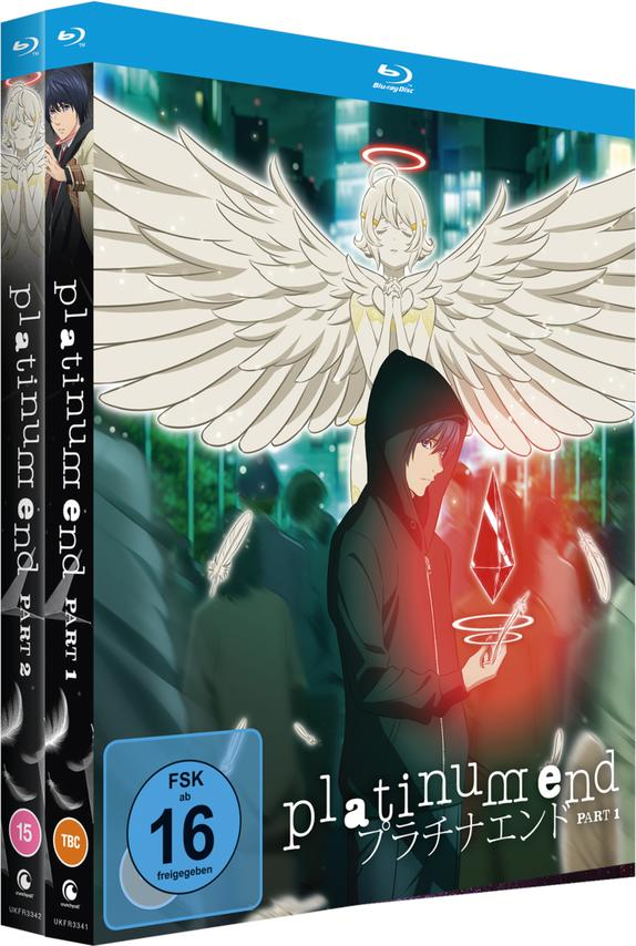 Blu-ray-Boxset des Animes 'Platinum End'. Enthält zwei Teile mit einer Schlüsselbild-Illustration.