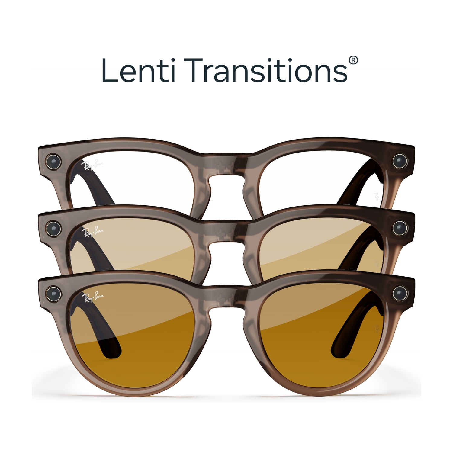 Tre paia di occhiali Ray-Ban con lenti Lenti Transitions, ciascuno con una tonalità diversa.