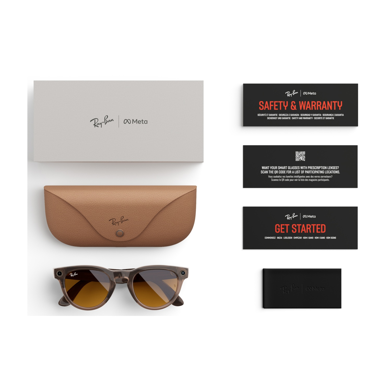 Occhiali intelligenti Ray-Ban Meta, custodia e carte su superficie bianca.