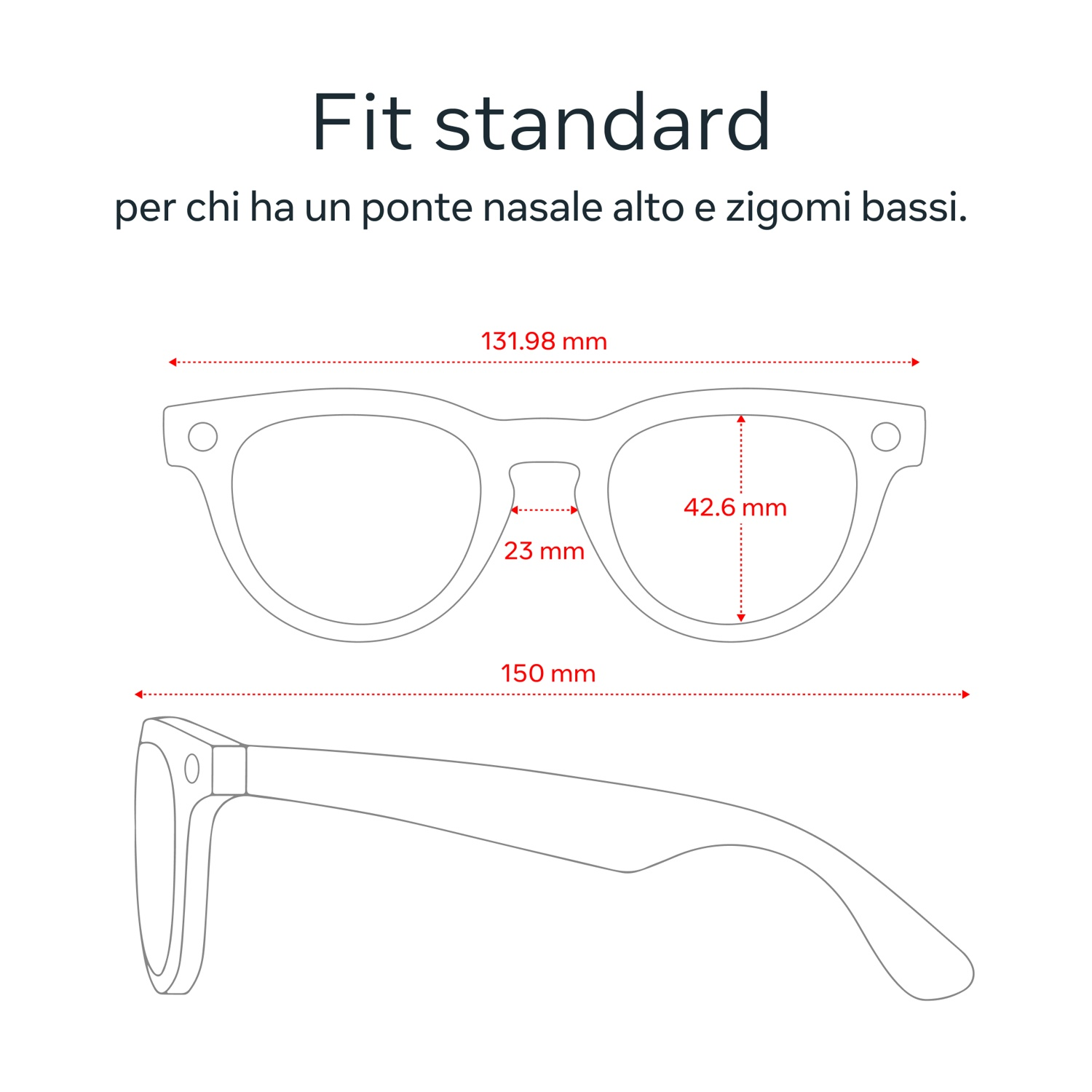 Diagramma di occhiali con dimensioni, etichettato 'Fit standard'.
