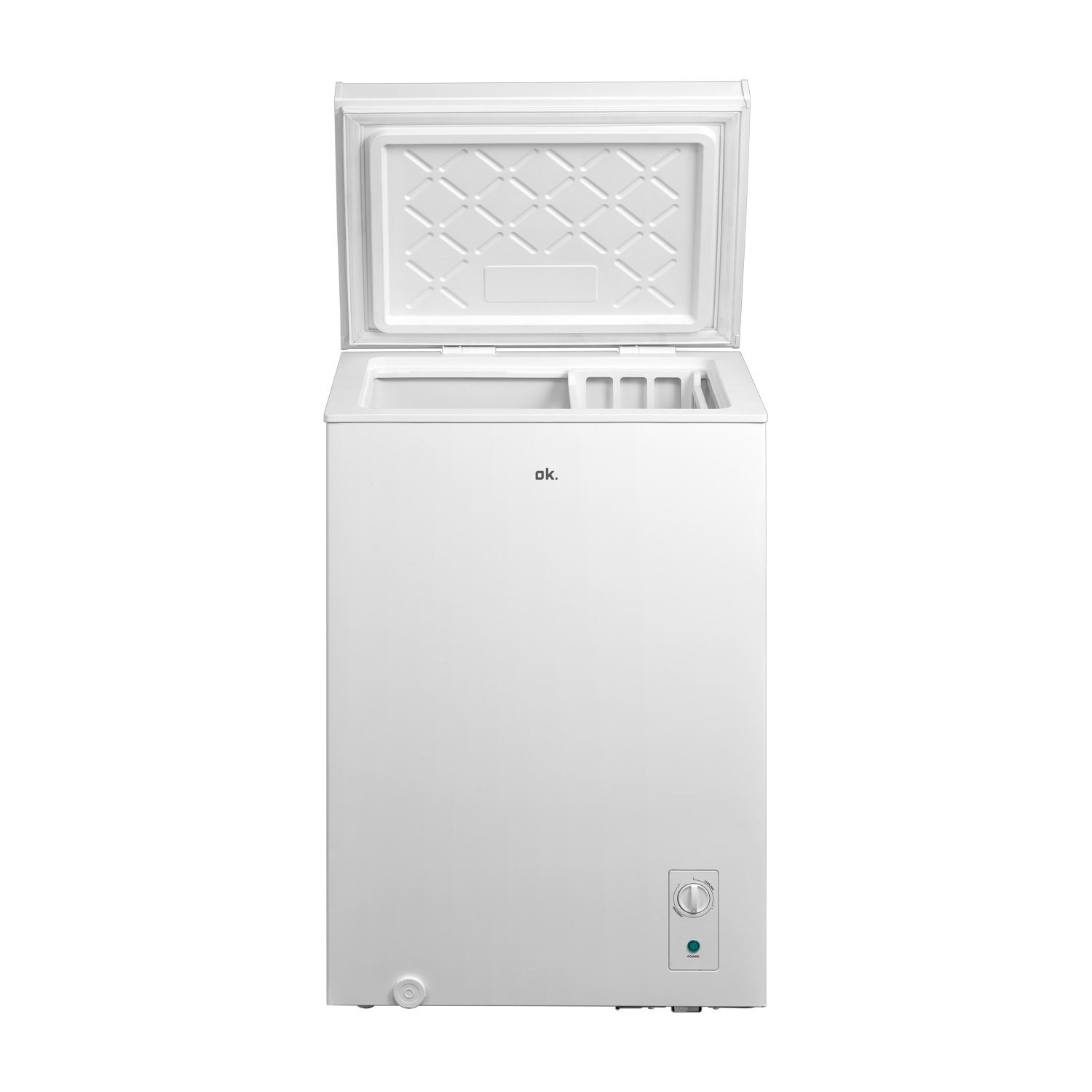 Congelatore a pozzo bianco con coperchio aperto, mostrando interno e manopola.