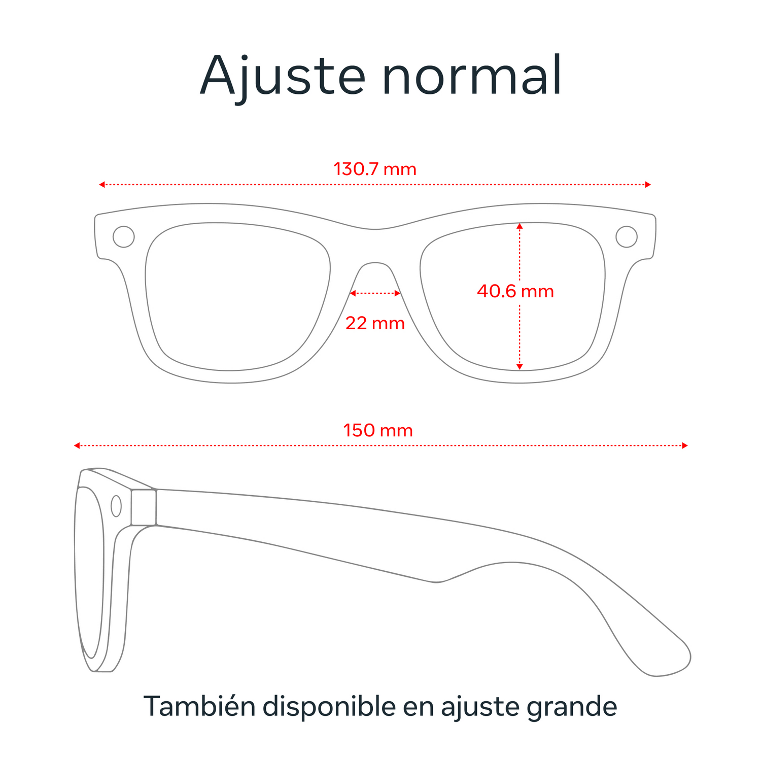 Diagrama de gafas con dimensiones y texto en español.
