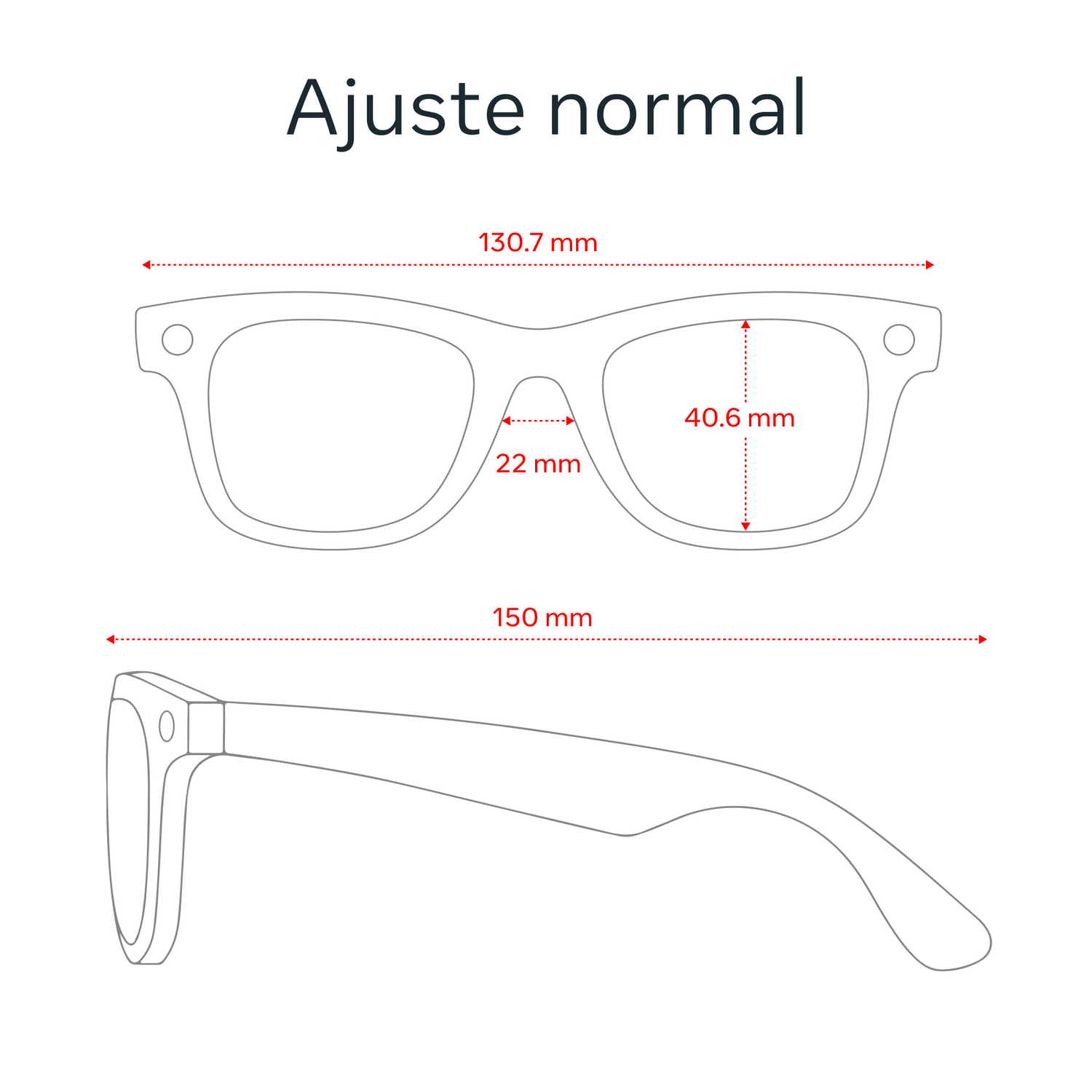 Un diagrama de gafas de sol, que muestra dimensiones: ancho de lente, ancho del puente y ancho de la montura.