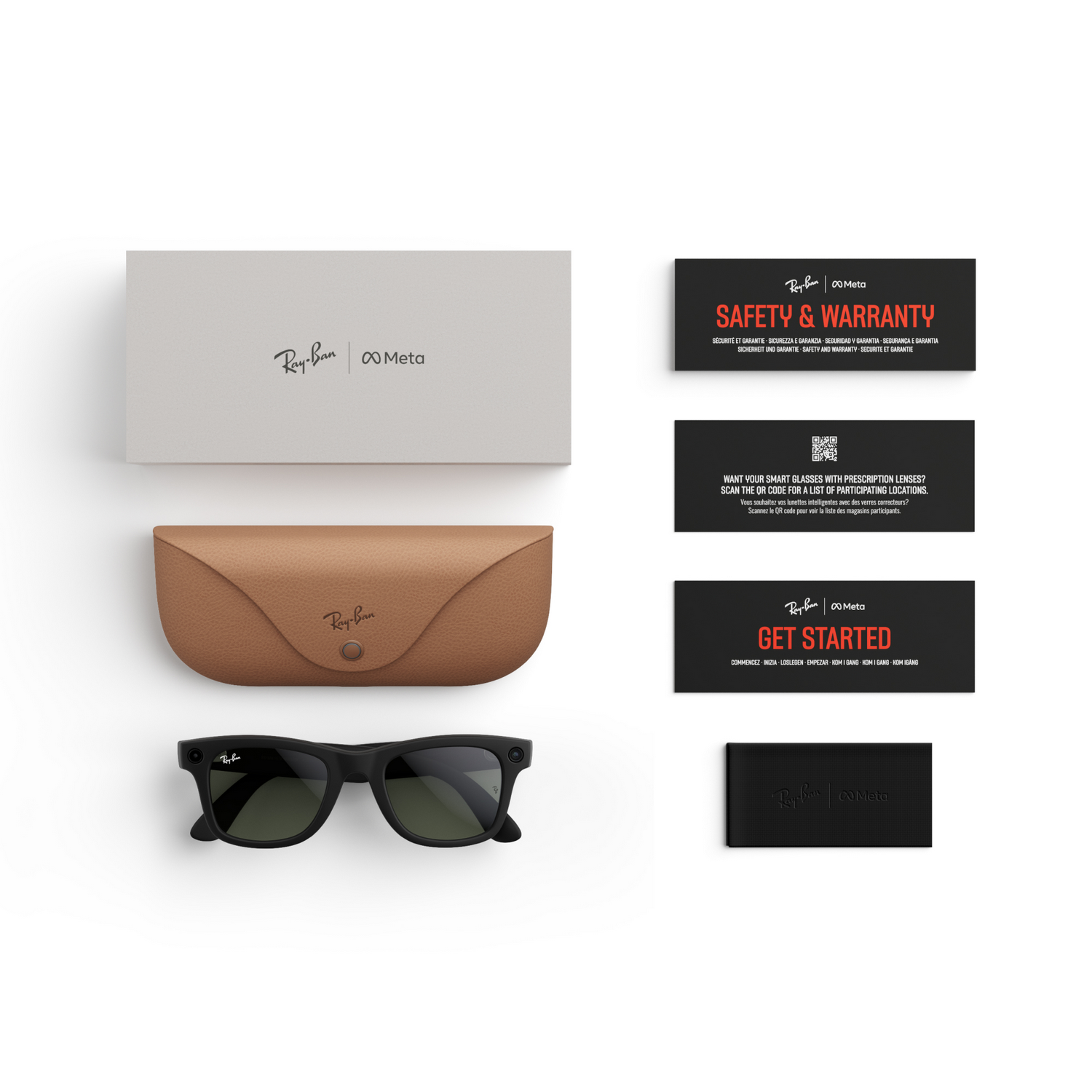 Gafas de sol Ray-Ban Meta con estuche, caja y tarjetas informativas, todo sobre un fondo blanco.