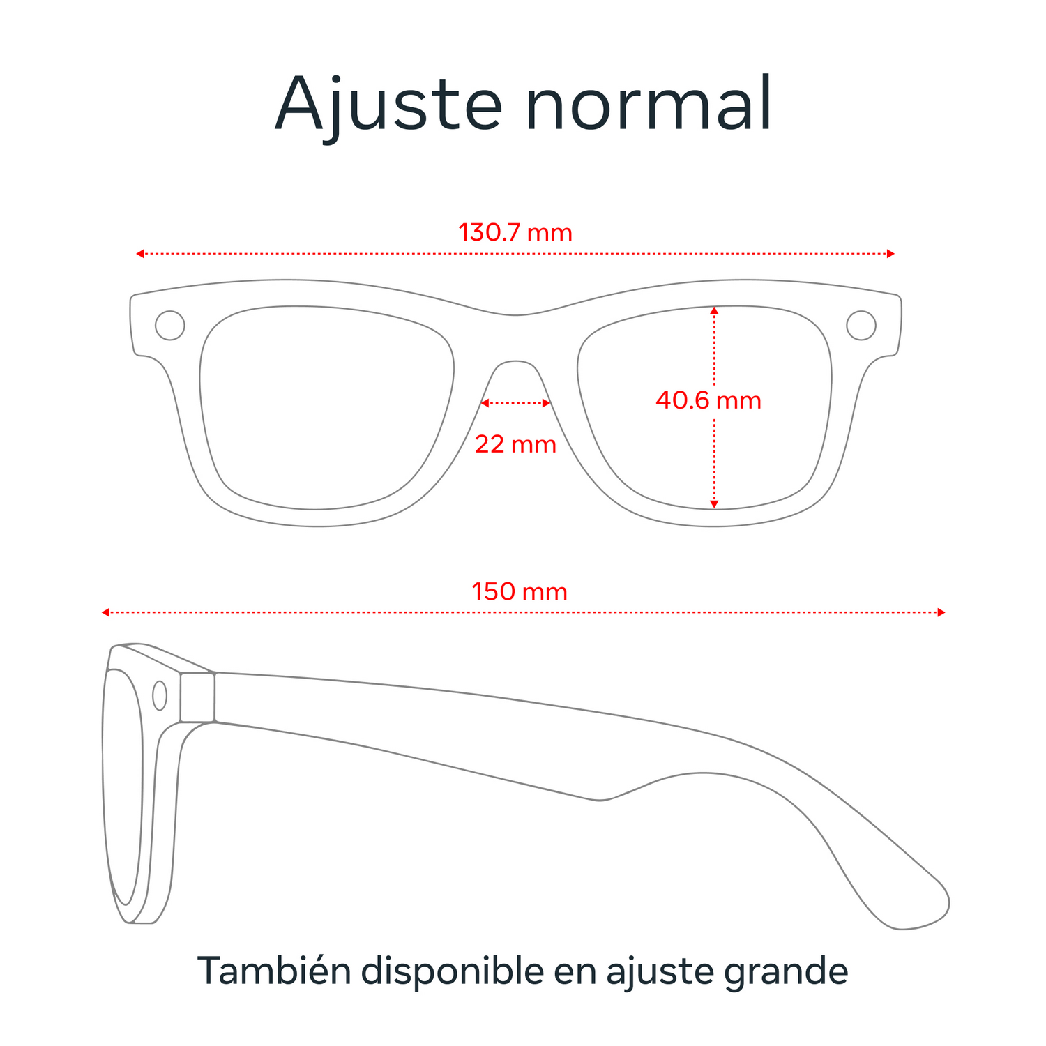Diagrama de gafas con medidas en mm. Se muestran la vista superior y la vista lateral.